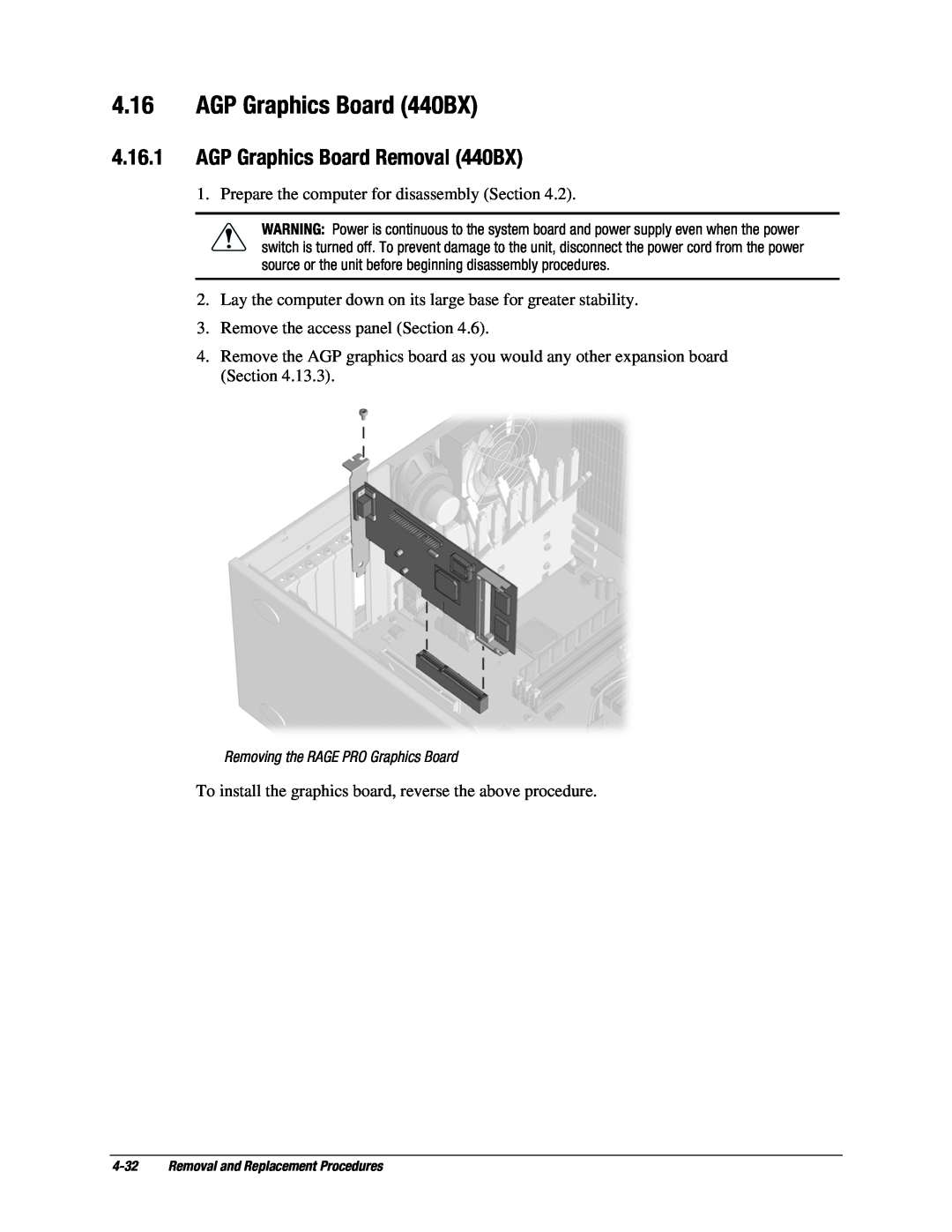 Compaq EP Series manual AGP Graphics Board 440BX, AGP Graphics Board Removal 440BX 