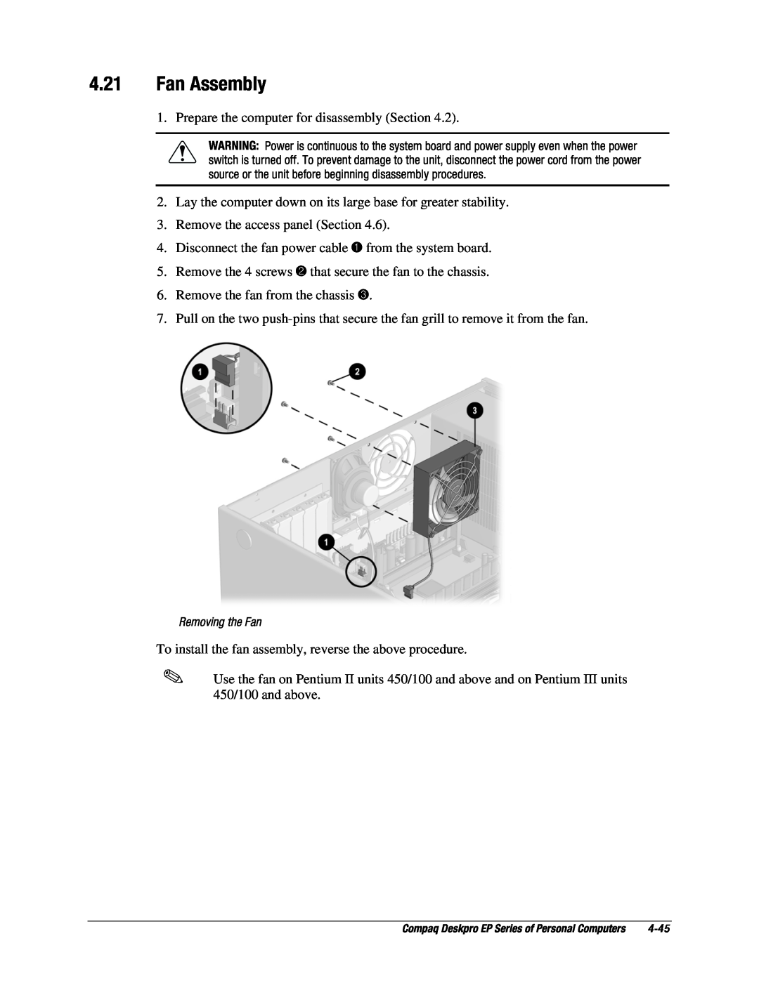 Compaq EP Series manual Fan Assembly, Removing the Fan 