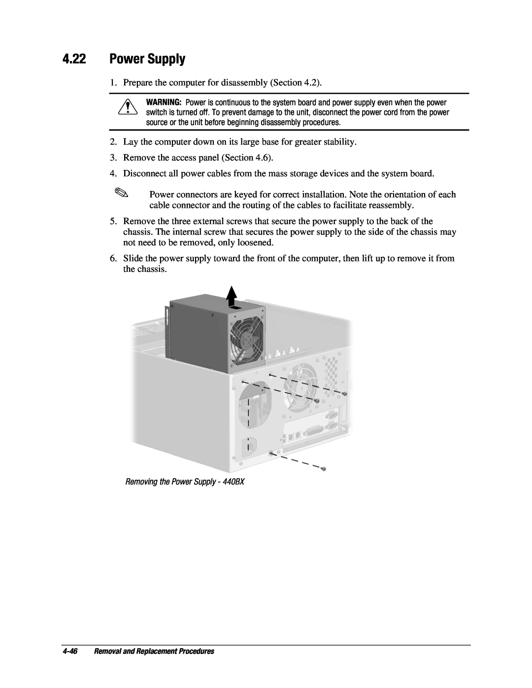 Compaq EP Series manual Removing the Power Supply - 440BX 
