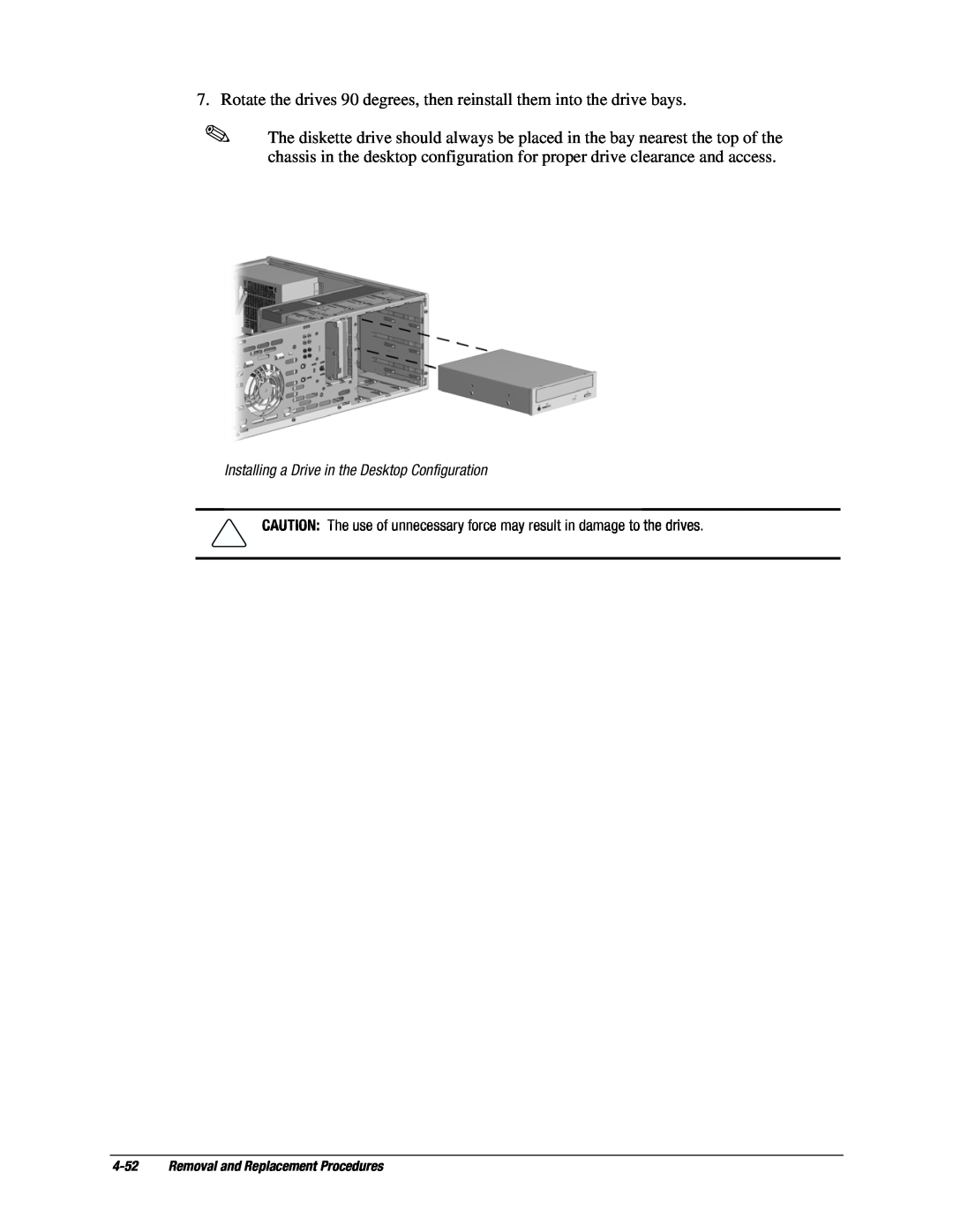 Compaq EP Series manual Installing a Drive in the Desktop Configuration, Removal and Replacement Procedures 