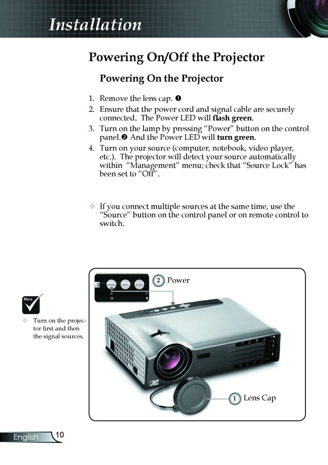 Compaq EP7150 manual Powering On/Off the Projector, Powering On the Projector 