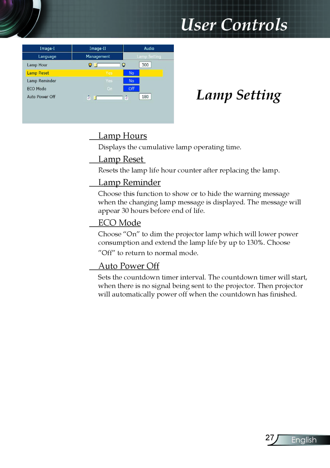 Compaq EP7150 manual Lamp Setting 