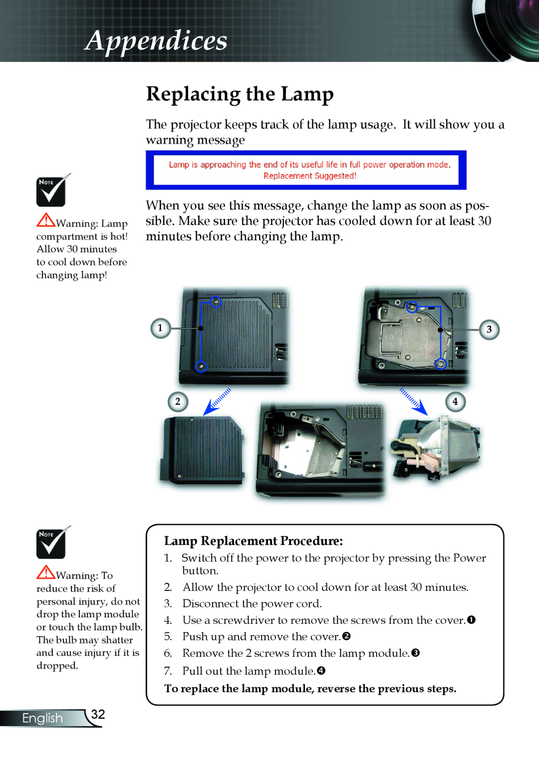 Compaq EP7150 manual Replacing the Lamp, Lamp Replacement Procedure 