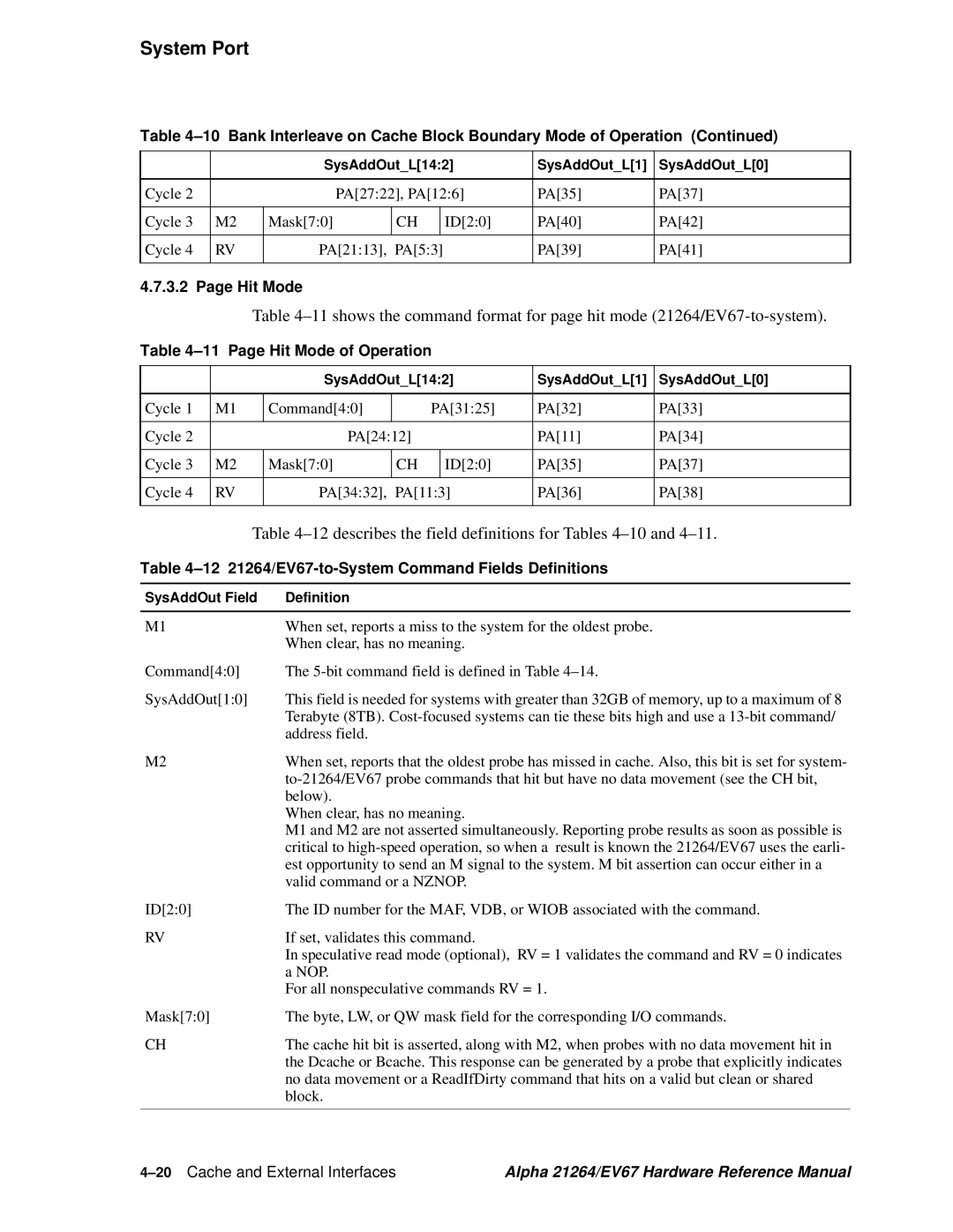 Compaq EV67, 21264 specifications 12describes the field definitions for Tables 4-10and, Page Hit Mode of Operation 