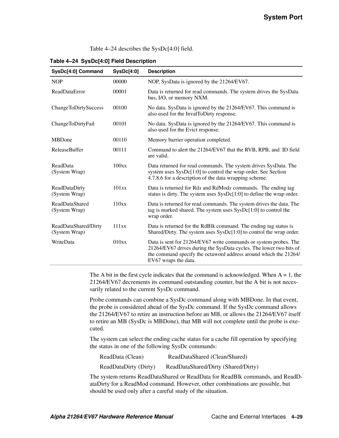 Compaq 21264, EV67 specifications 24describes the SysDc40 field, SysDc40 Field Description 