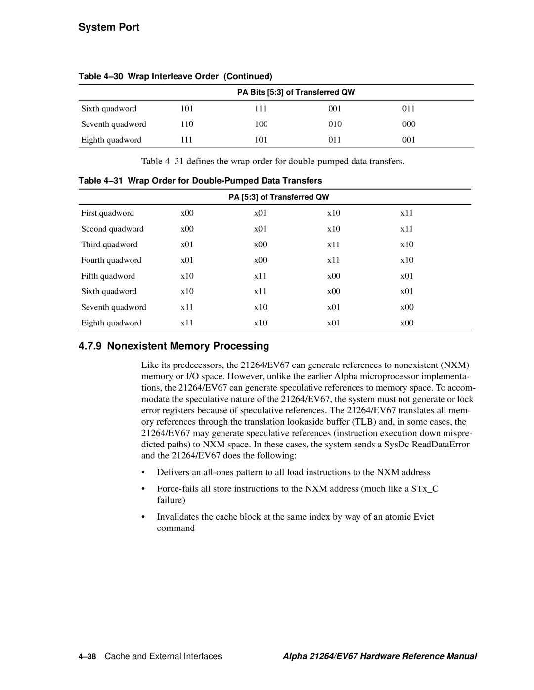 Compaq EV67, 21264 specifications Nonexistent Memory Processing, 31defines the wrap order for double-pumped data transfers 