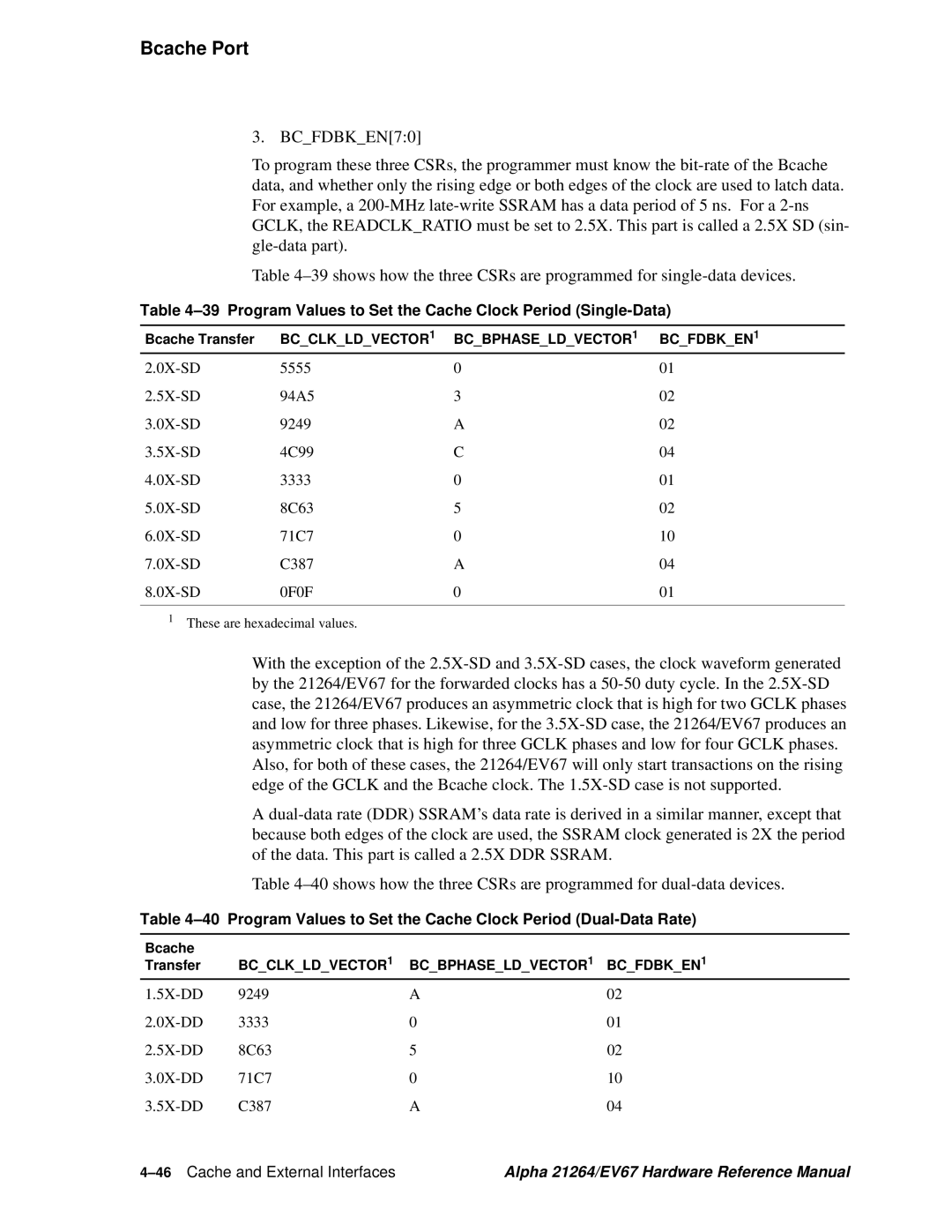 Compaq EV67, 21264 specifications Program Values to Set the Cache Clock Period Single-Data, 46Cache and External Interfaces 