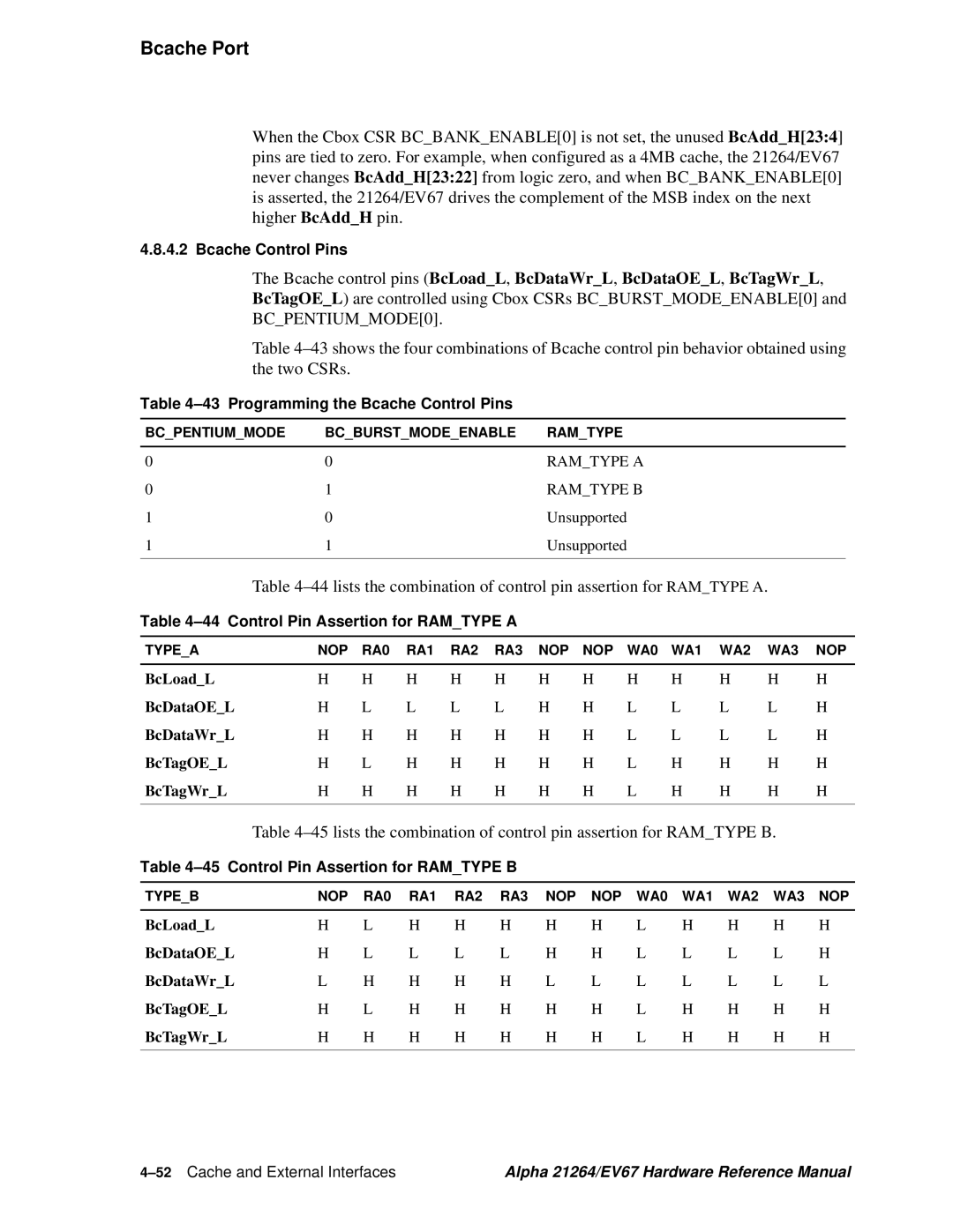 Compaq EV67, 21264 specifications 44lists the combination of control pin assertion for 