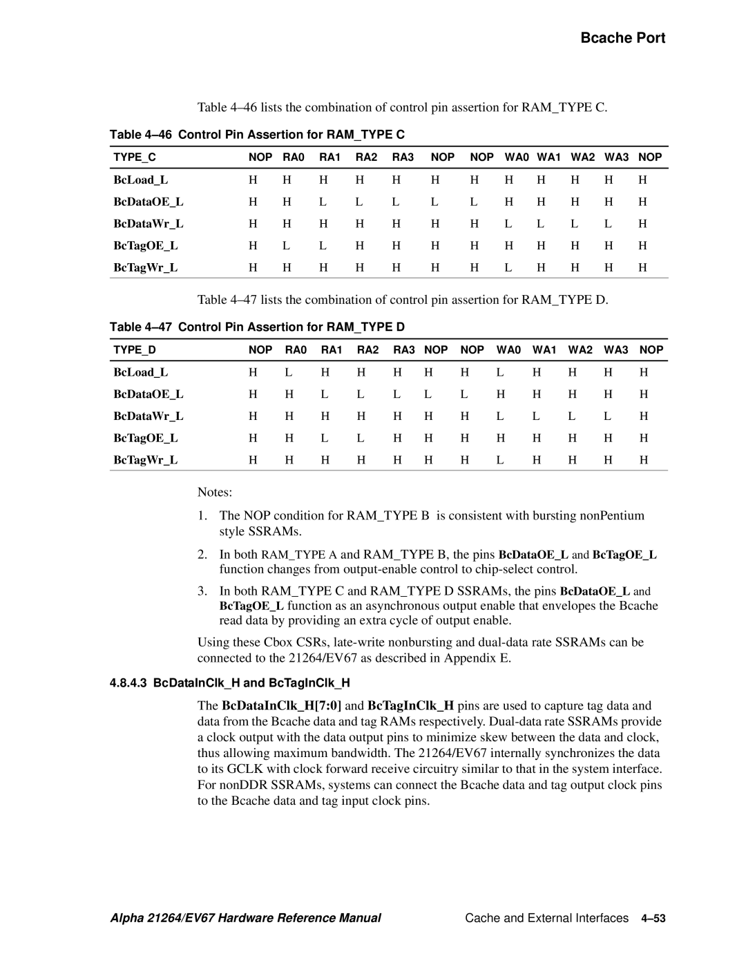 Compaq 21264, EV67 Control Pin Assertion for Ramtype C, Control Pin Assertion for Ramtype D, BcDataInClkH and BcTagInClkH 