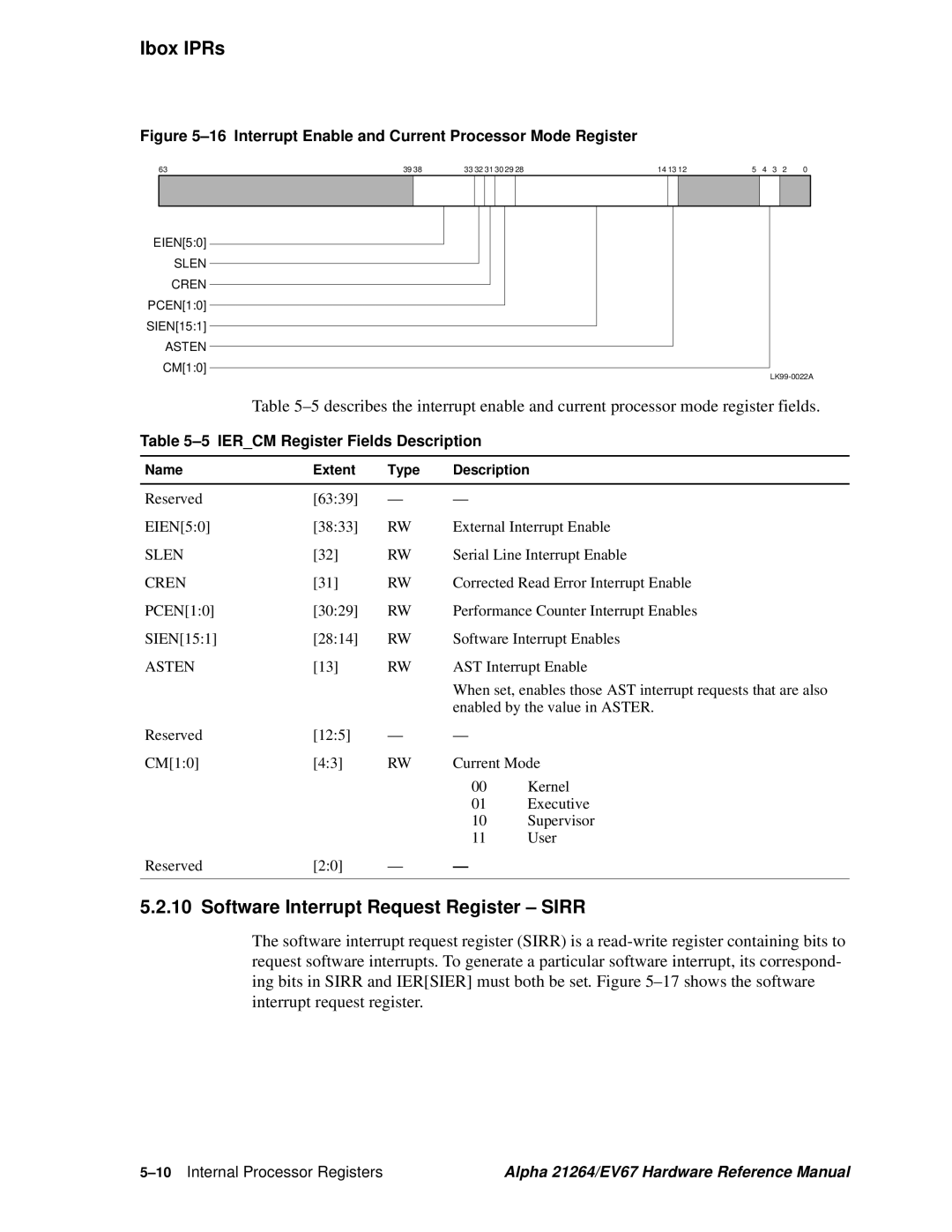 Compaq EV67 Software Interrupt Request Register Sirr, Iercm Register Fields Description, 10Internal Processor Registers 