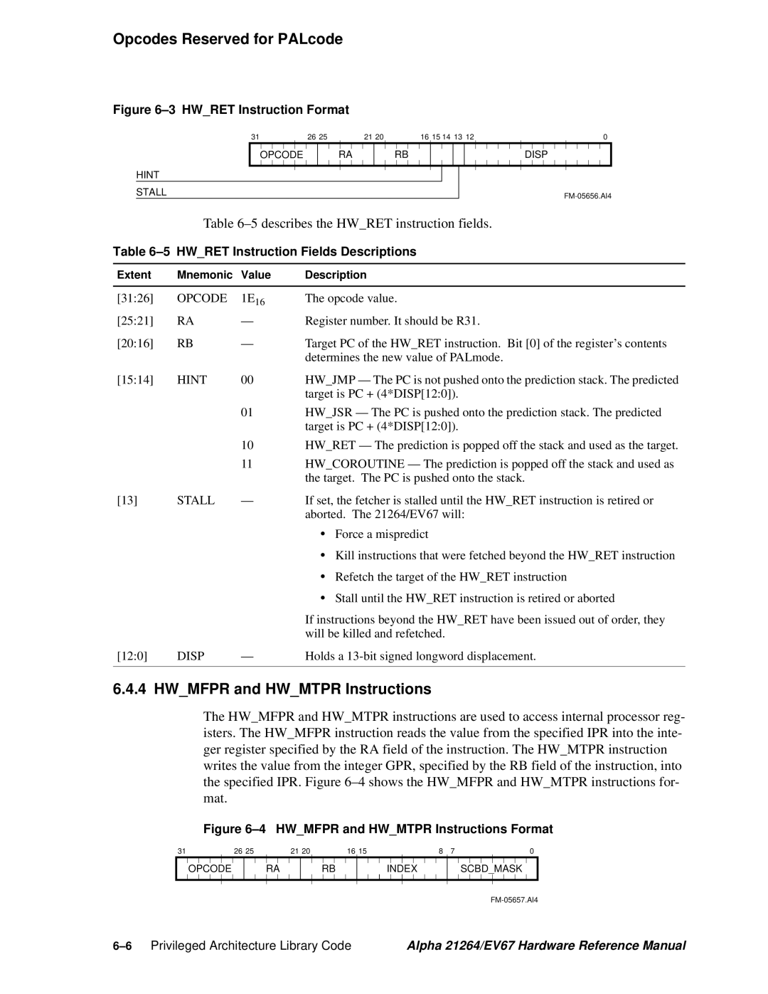 Compaq EV67 Hwmfpr and Hwmtpr Instructions, 5describes the Hwret instruction fields, Hwret Instruction Fields Descriptions 