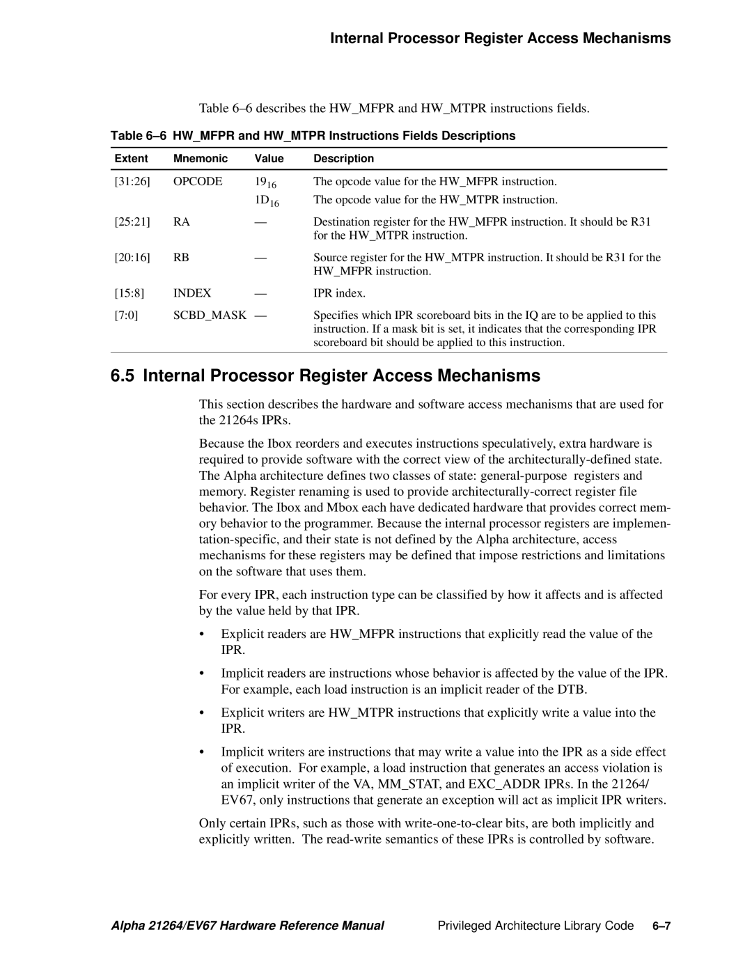 Compaq 21264, EV67 Internal Processor Register Access Mechanisms, 6describes the Hwmfpr and Hwmtpr instructions fields 