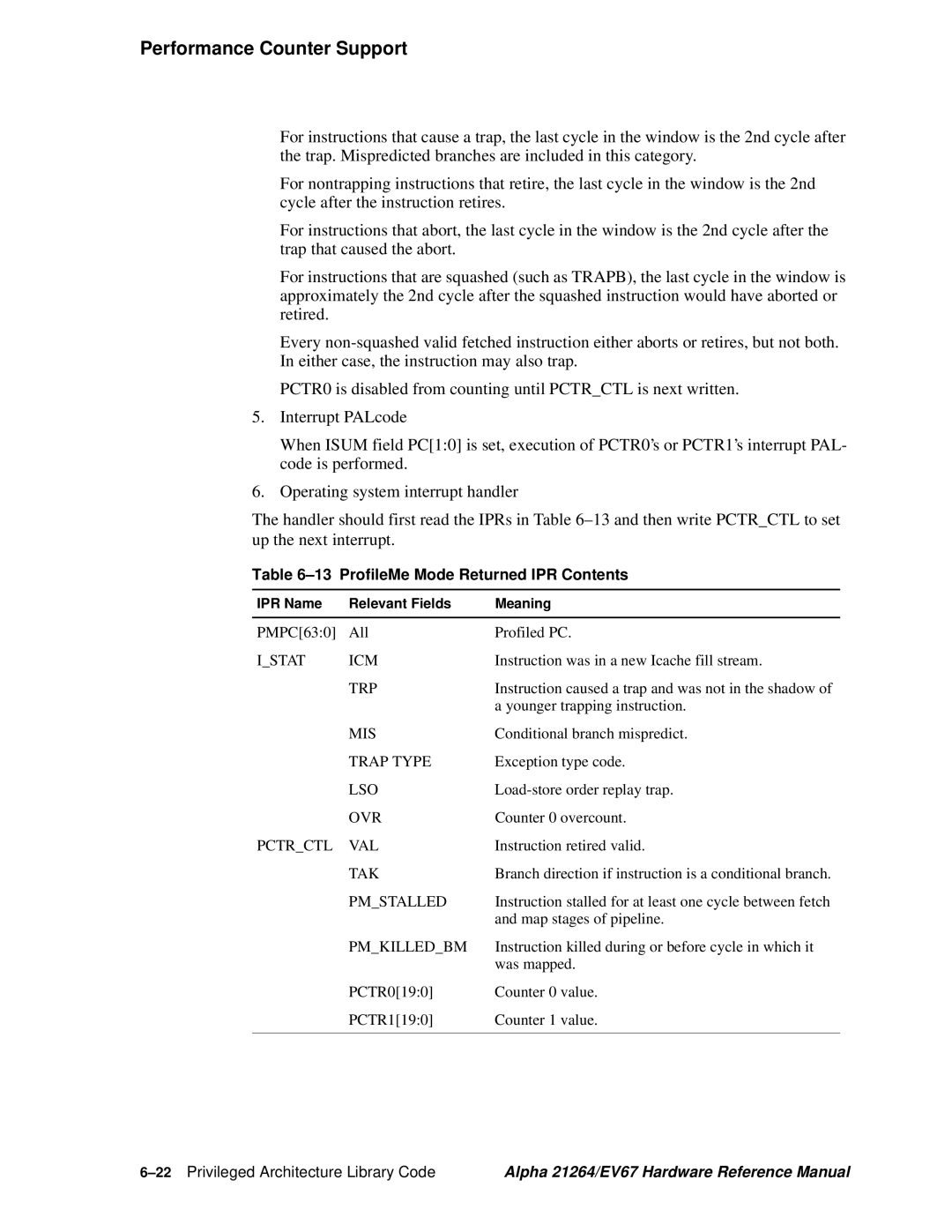 Compaq EV67, 21264 specifications ProfileMe Mode Returned IPR Contents, 22Privileged Architecture Library Code 