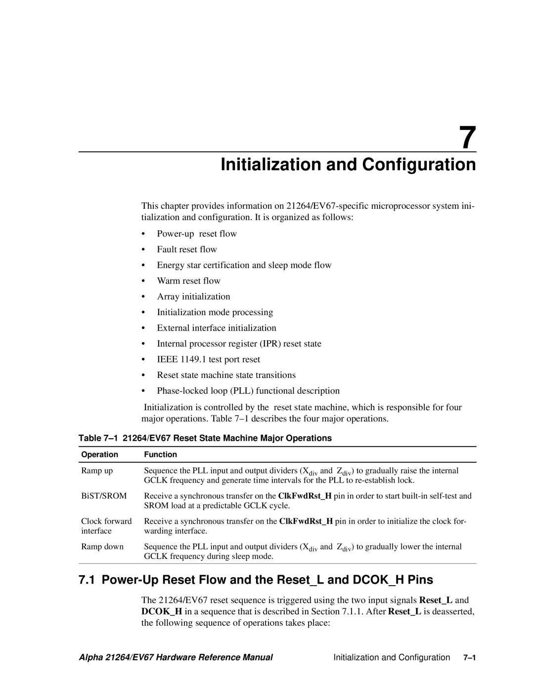 Compaq 21264, EV67 specifications Initialization and Configuration, Power-Up Reset Flow and the ResetL and Dcokh Pins 