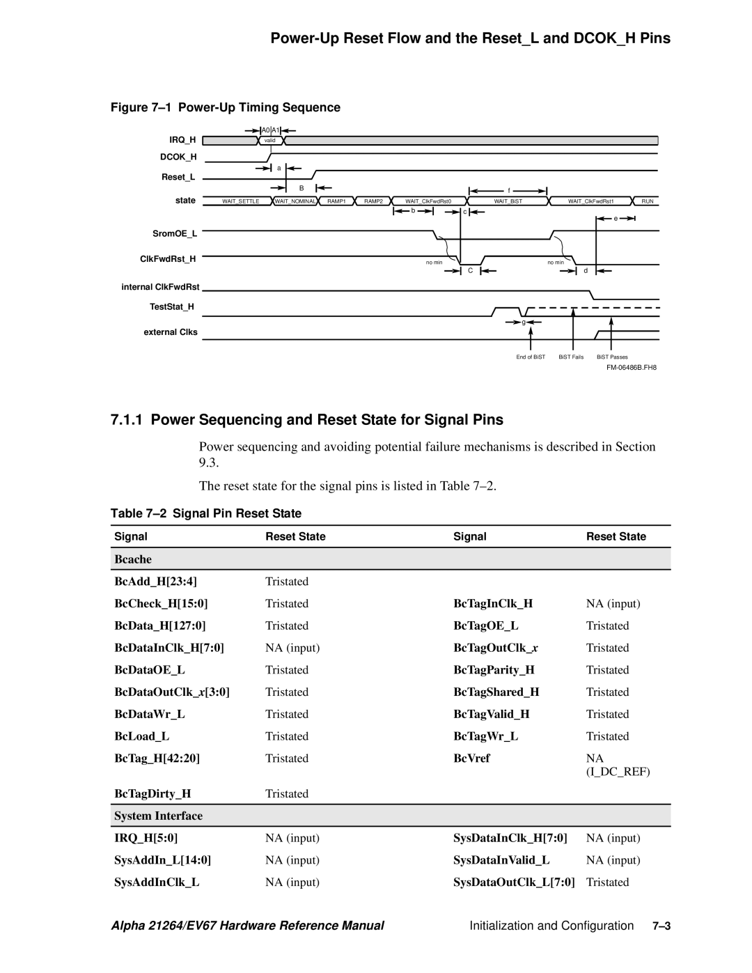 Compaq 21264, EV67 specifications Power Sequencing and Reset State for Signal Pins, Signal Pin Reset State 