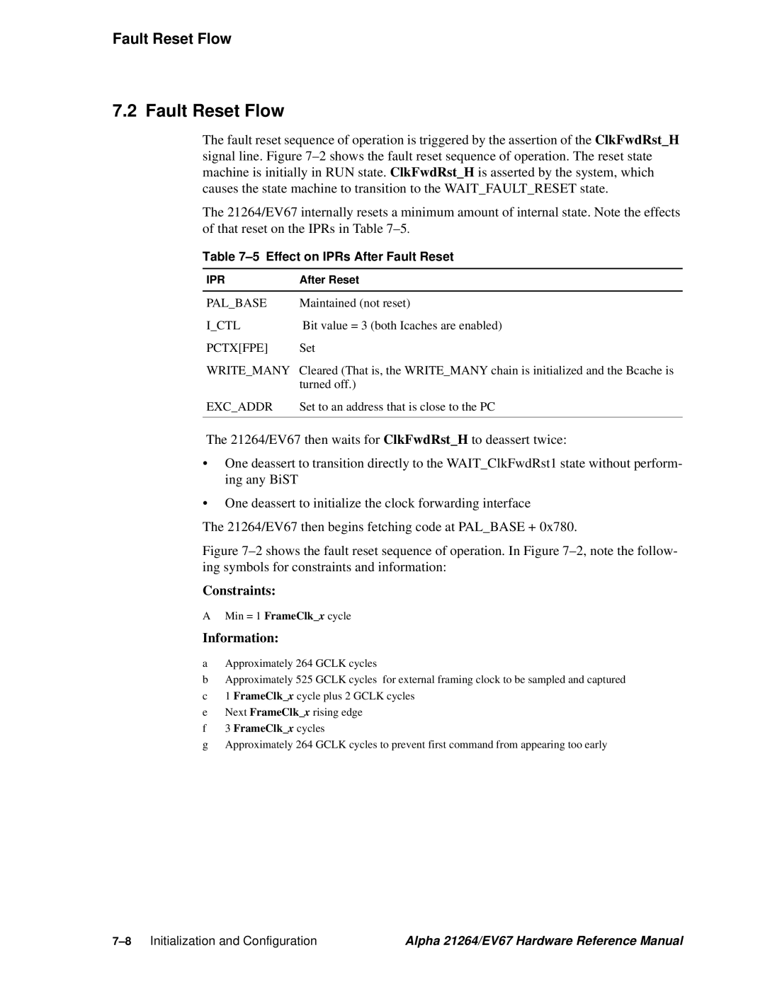 Compaq EV67, 21264 specifications Fault Reset Flow, Effect on IPRs After Fault Reset 