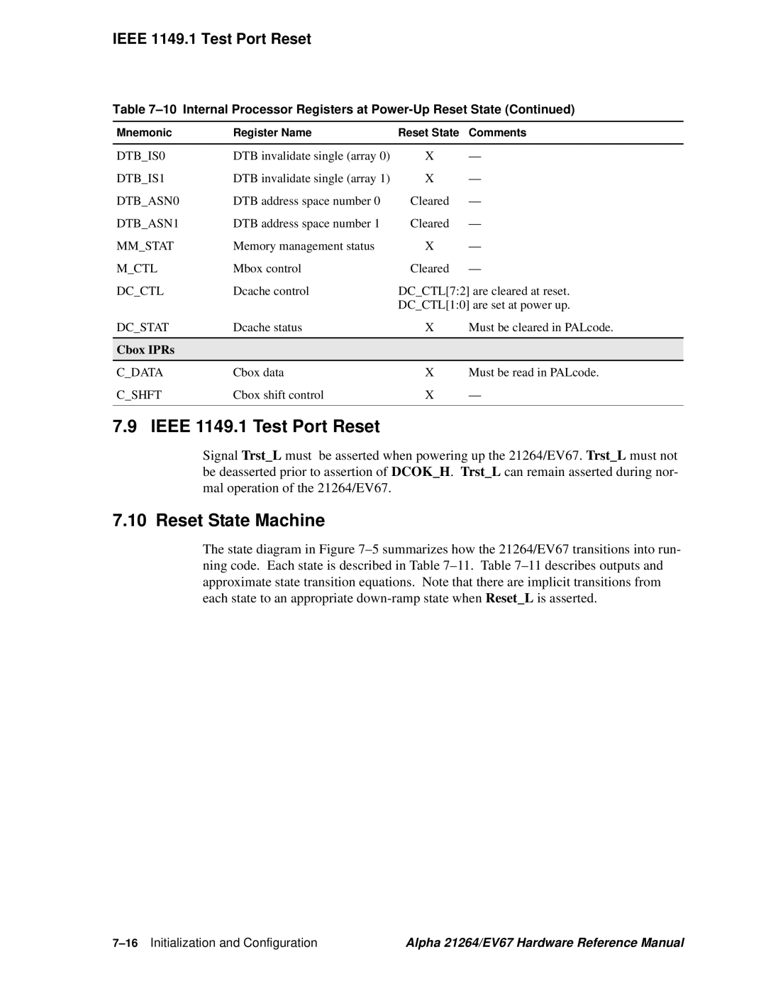 Compaq EV67, 21264 specifications Ieee 1149.1 Test Port Reset, Reset State Machine, 16Initialization and Configuration 