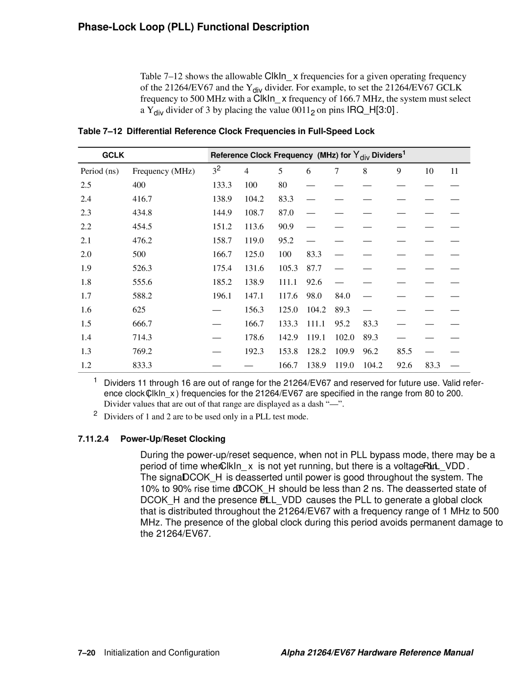 Compaq EV67, 21264 specifications Power-Up/Reset Clocking, 20Initialization and Configuration 