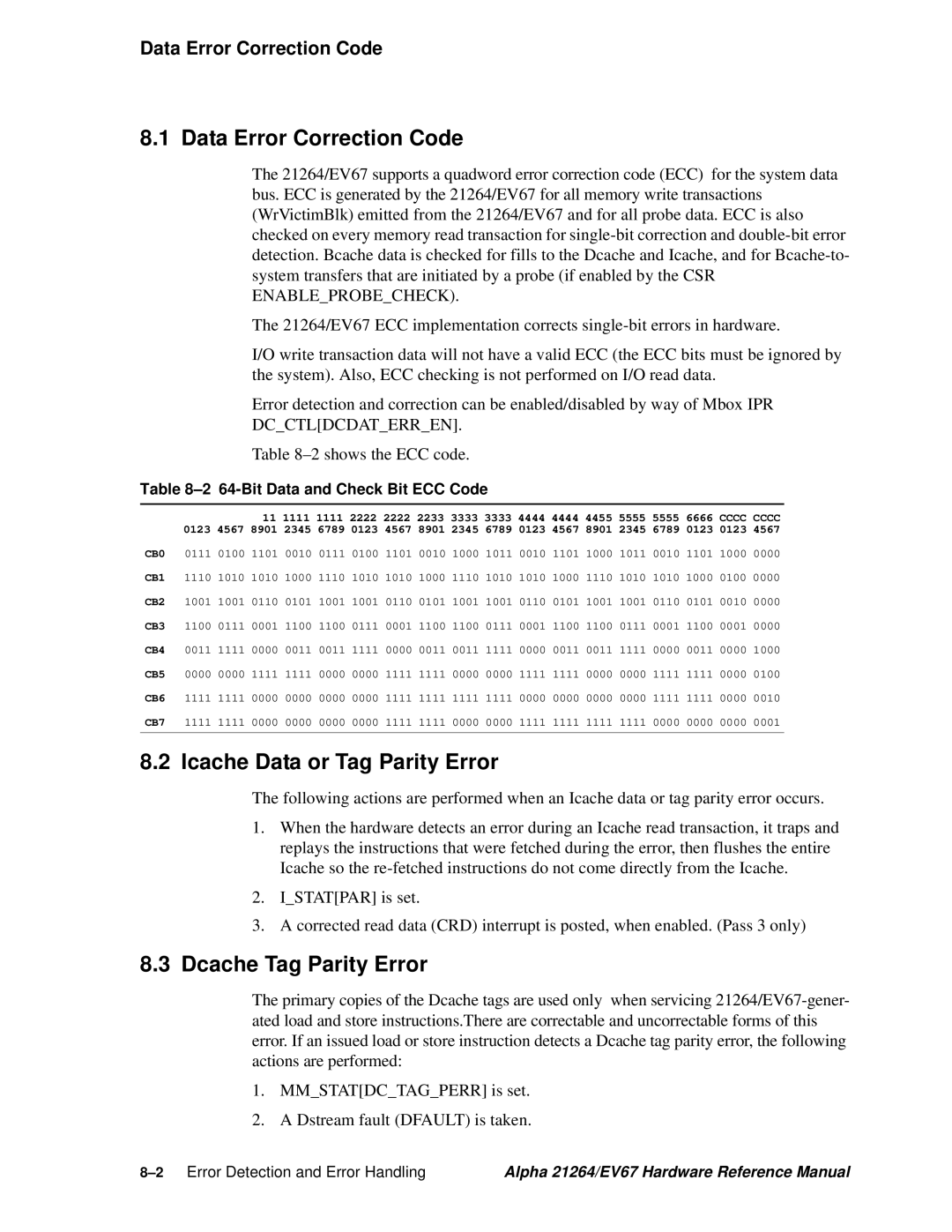 Compaq EV67 Data Error Correction Code, Icache Data or Tag Parity Error, Dcache Tag Parity Error, 2shows the ECC code 