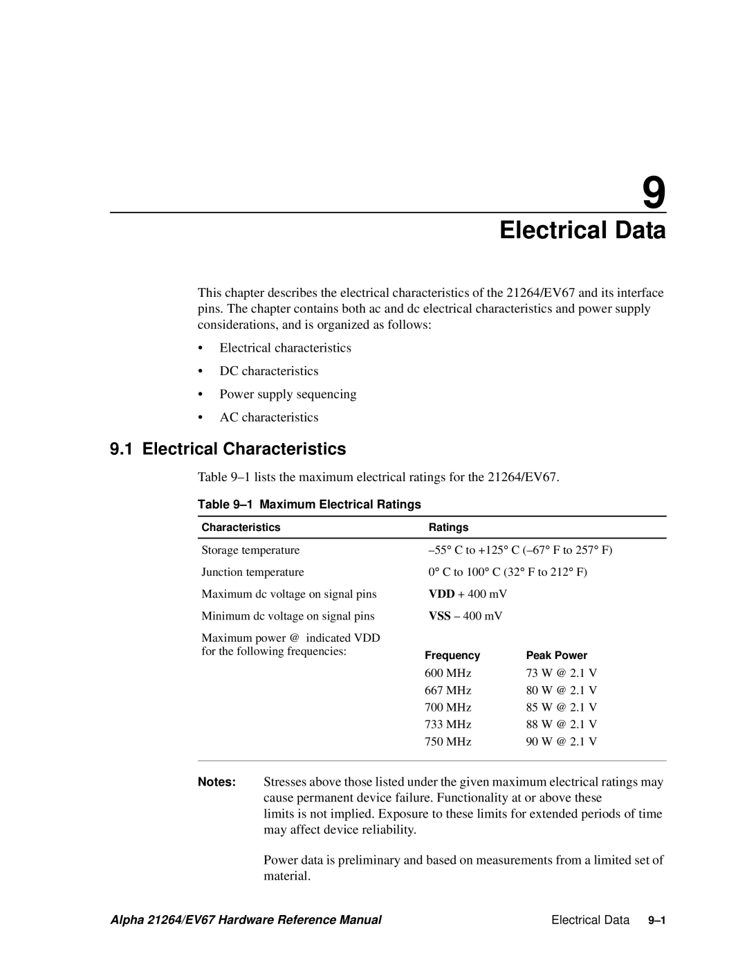 Compaq Electrical Data, Electrical Characteristics, 1lists the maximum electrical ratings for the 21264/EV67 