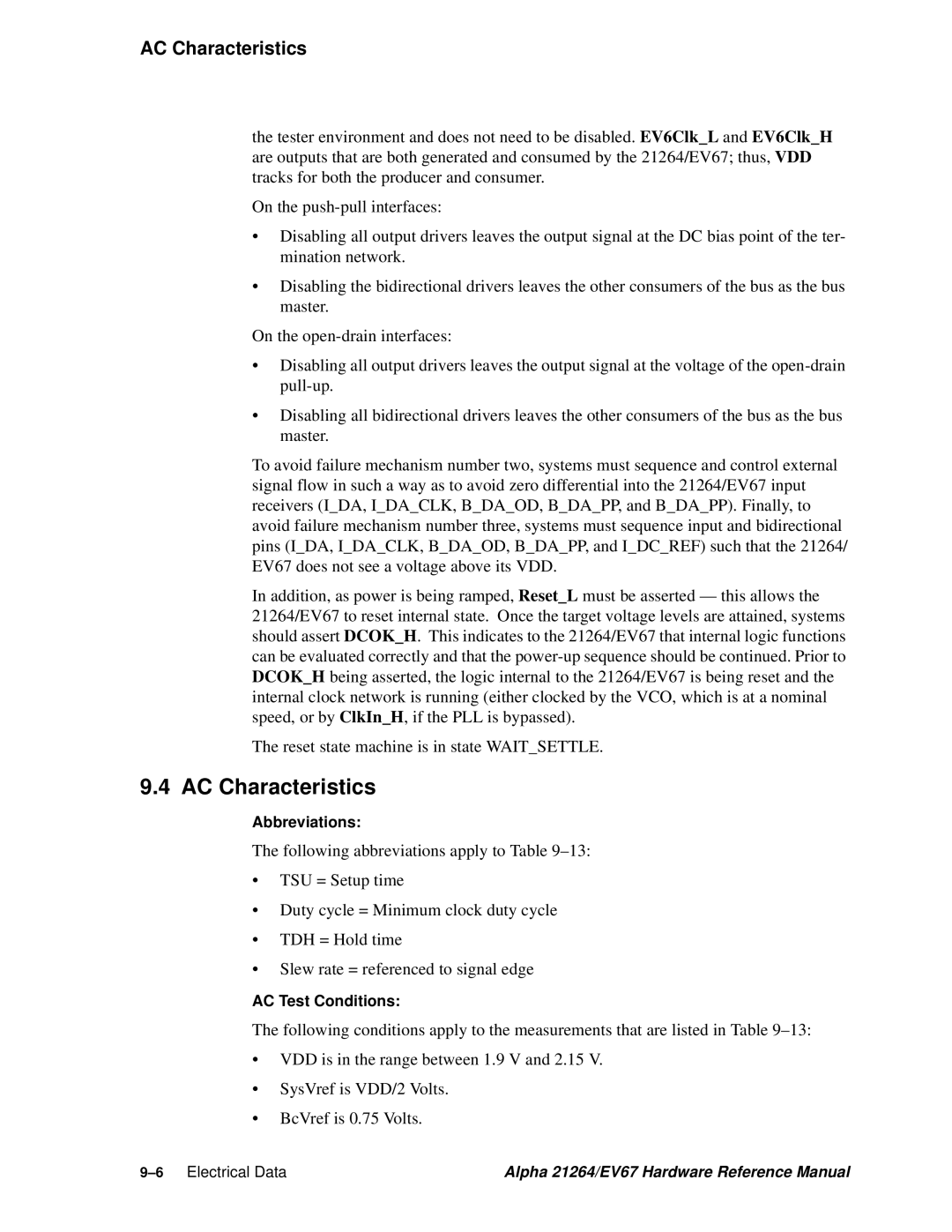 Compaq EV67, 21264 specifications AC Characteristics, AC Test Conditions 