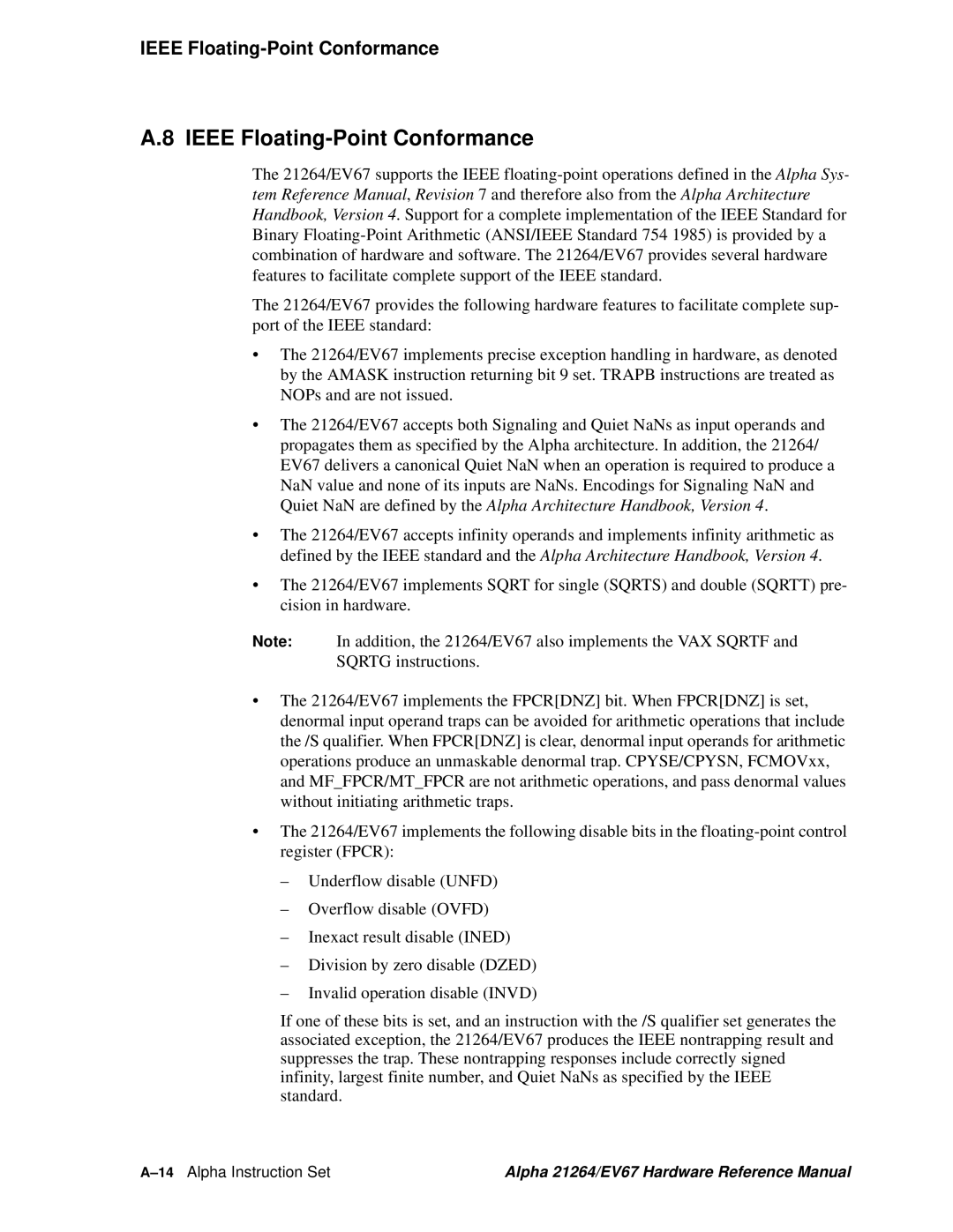 Compaq EV67, 21264 specifications Ieee Floating-Point Conformance, 14Alpha Instruction Set 