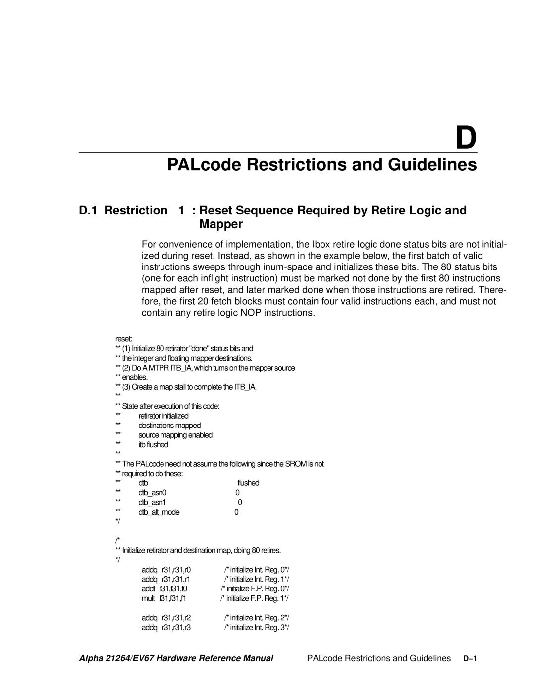 Compaq 21264, EV67 specifications PALcode Restrictions and Guidelines D-1 