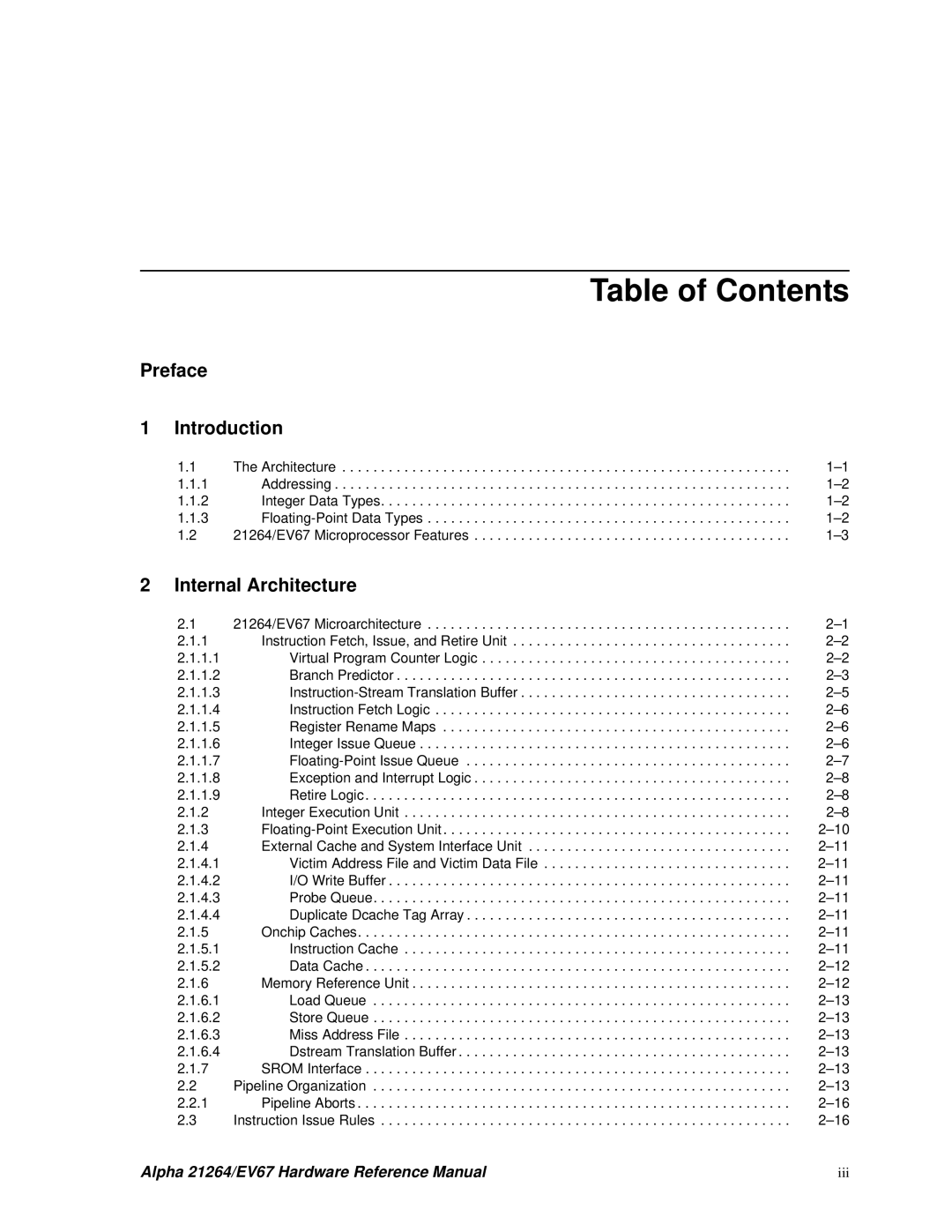 Compaq 21264, EV67 specifications Table of Contents 