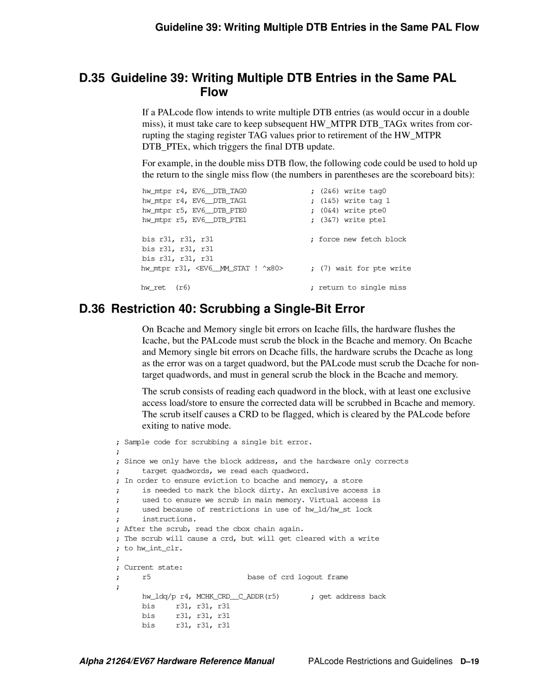 Compaq 21264, EV67 specifications Restriction 40 Scrubbing a Single-Bit Error, PALcode Restrictions and Guidelines D-19 