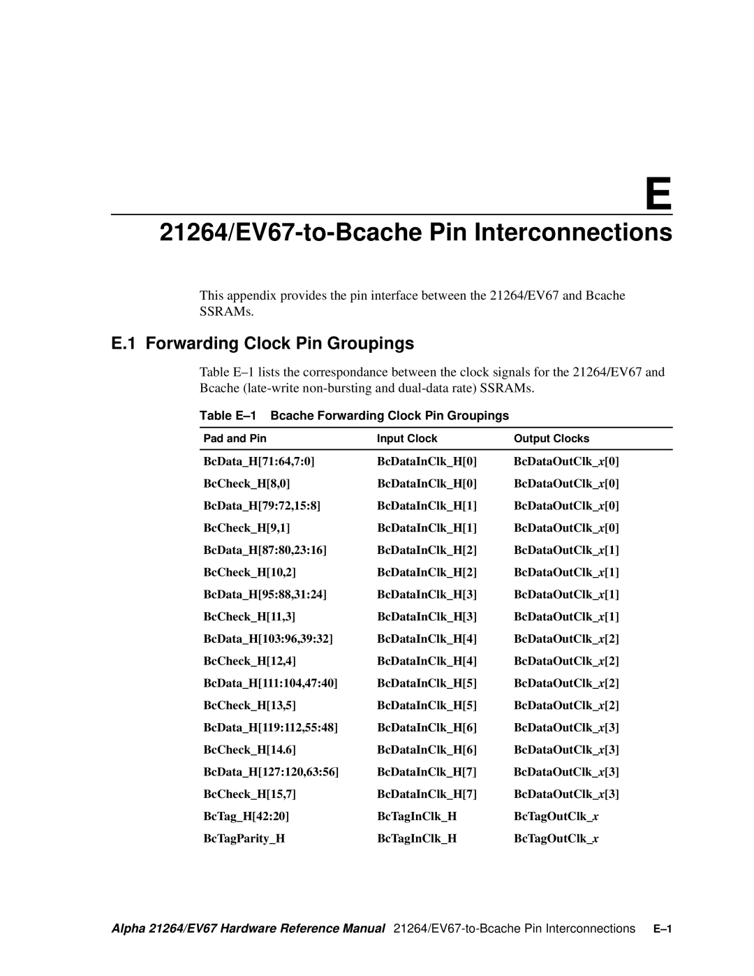 Compaq specifications 21264/EV67-to-Bcache Pin Interconnections, Forwarding Clock Pin Groupings 