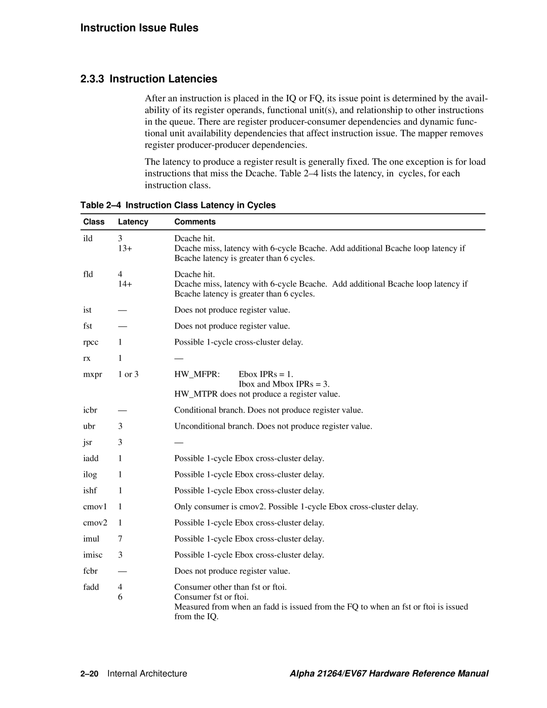 Compaq EV67, 21264 specifications Instruction Issue Rules Instruction Latencies, Instruction Class Latency in Cycles, Hwmfpr 