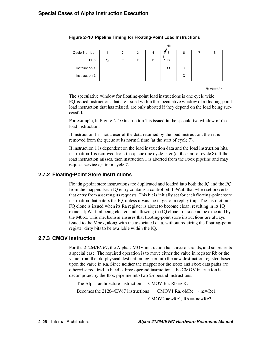 Compaq EV67, 21264 specifications Floating-Point Store Instructions, Cmov Instruction, 26Internal Architecture 