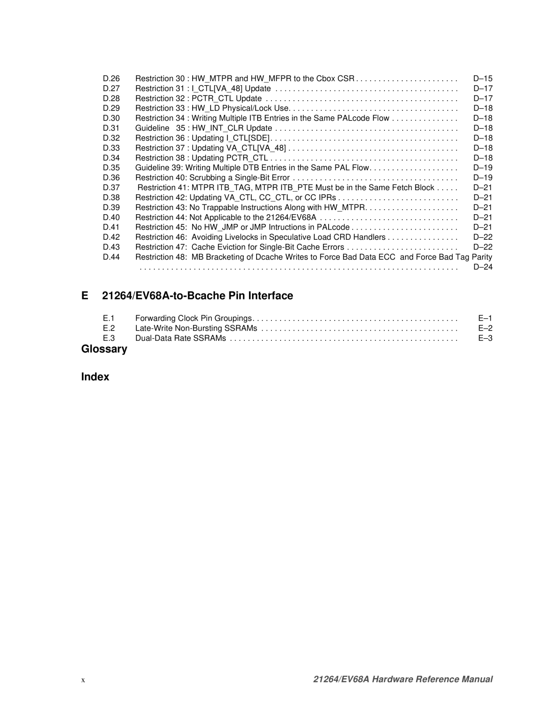 Compaq specifications 21264/EV68A-to-Bcache Pin Interface, Glossary Index 