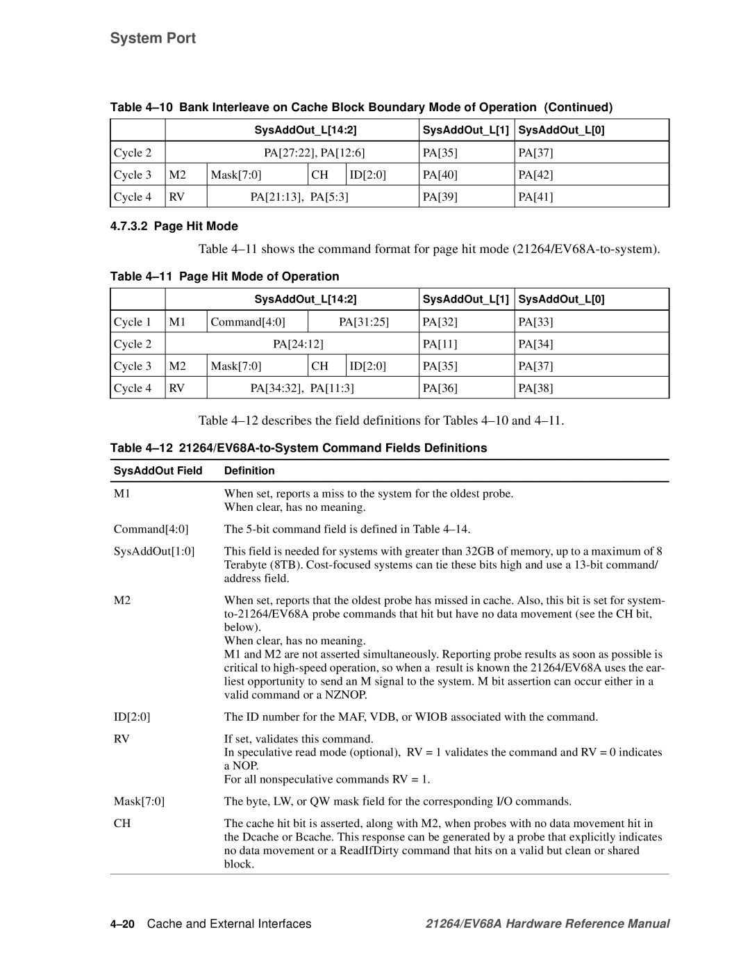 Compaq EV68A specifications 12describes the field definitions for Tables 4-10and, Page Hit Mode of Operation 