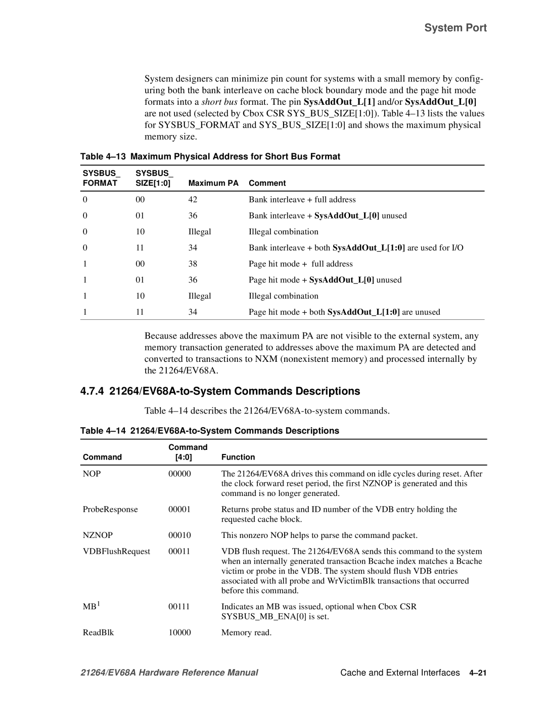 Compaq specifications 4 21264/EV68A-to-System Commands Descriptions, 14describes the 21264/EV68A-to-system commands 