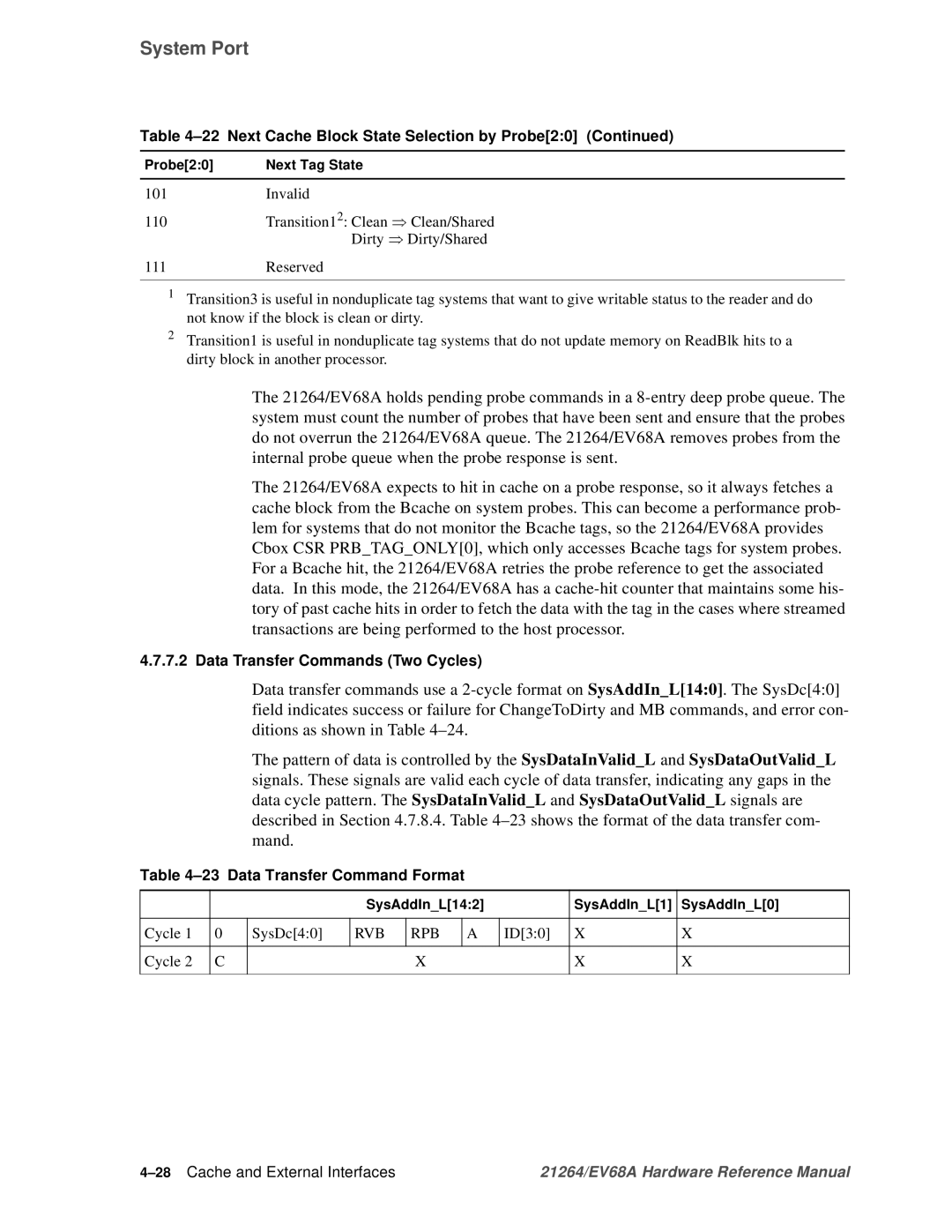 Compaq EV68A Data Transfer Commands Two Cycles, Data Transfer Command Format, 28Cache and External Interfaces 