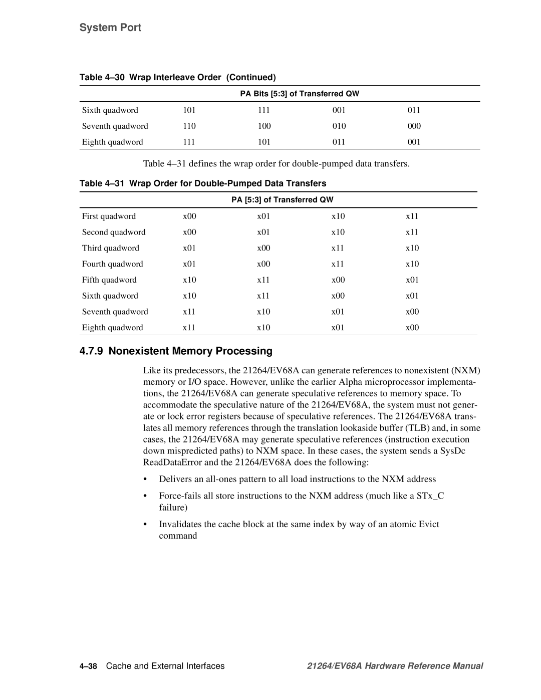 Compaq EV68A specifications Nonexistent Memory Processing, 31defines the wrap order for double-pumped data trans fers 