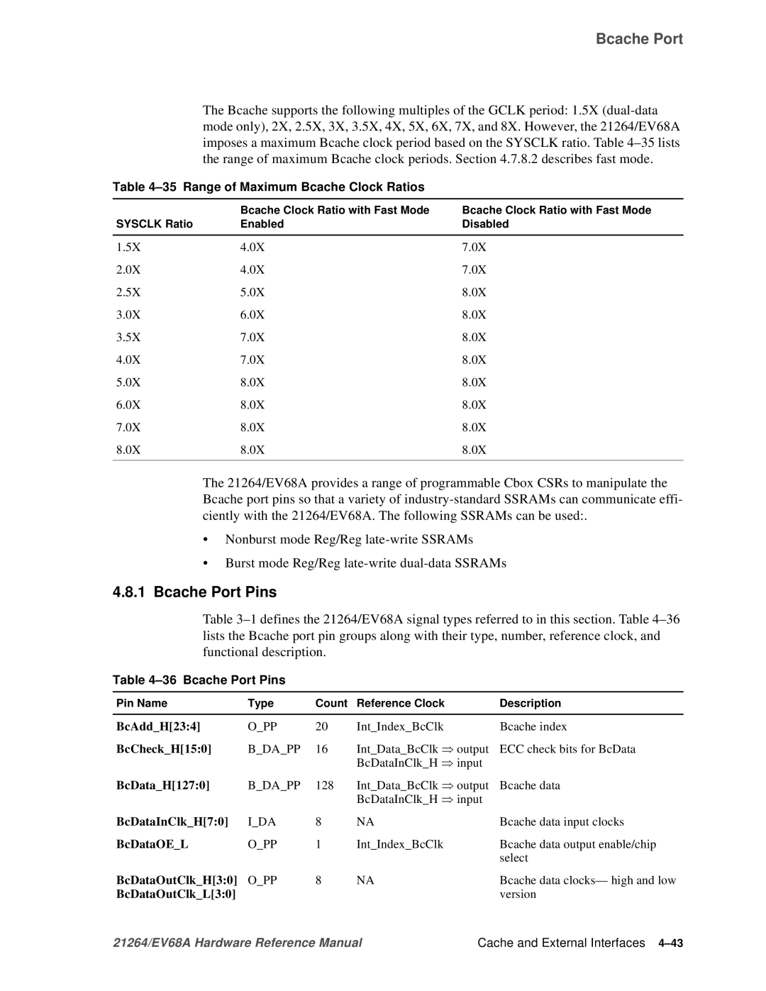 Compaq EV68A specifications Bcache Port Pins, Range of Maximum Bcache Clock Ratios 