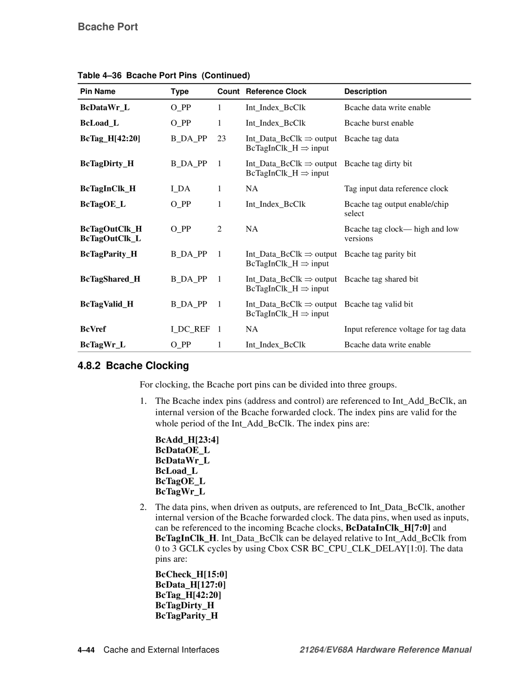 Compaq EV68A specifications Bcache Clocking, 44Cache and External Interfaces 