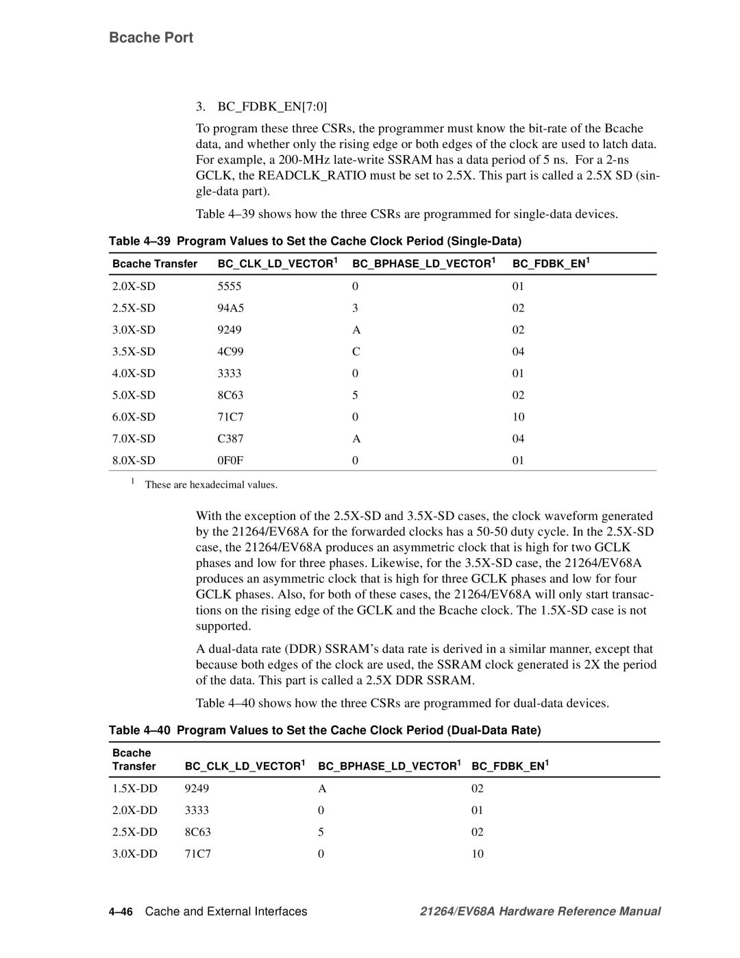 Compaq EV68A specifications Program Values to Set the Cache Clock Period Single-Data, 46Cache and External Interfaces 