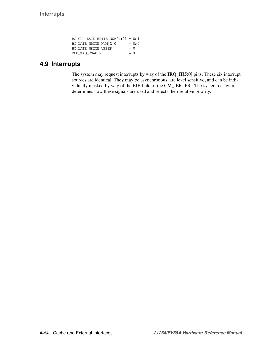 Compaq EV68A specifications Interrupts, 54Cache and External Interfaces 