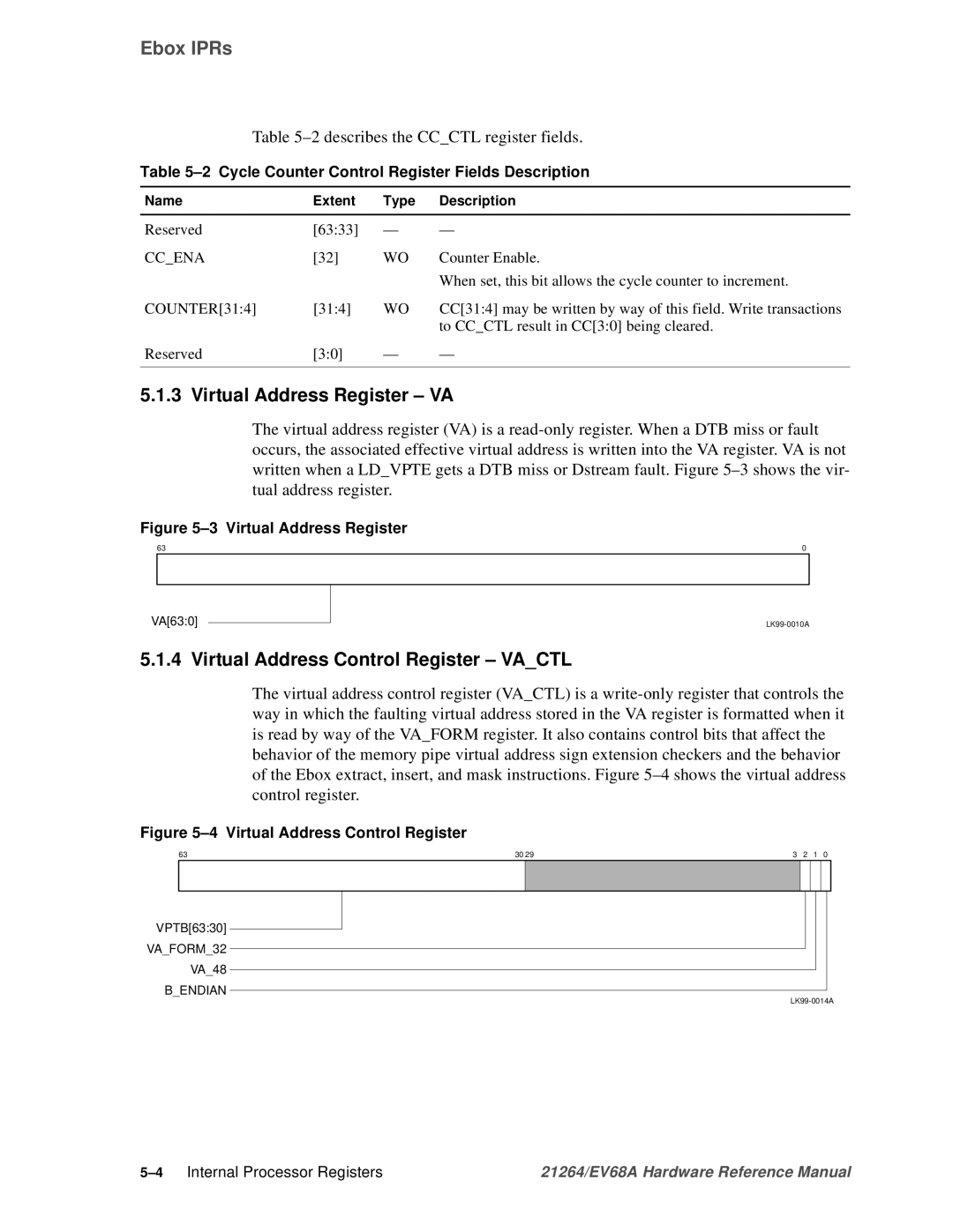 Compaq EV68A Virtual Address Register VA, Virtual Address Control Register Vactl, 2describes the Ccctl register fields 