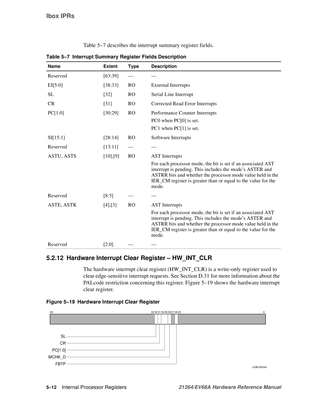 Compaq EV68A specifications Hardware Interrupt Clear Register Hwintclr, 7describes the interrupt summary register fields 