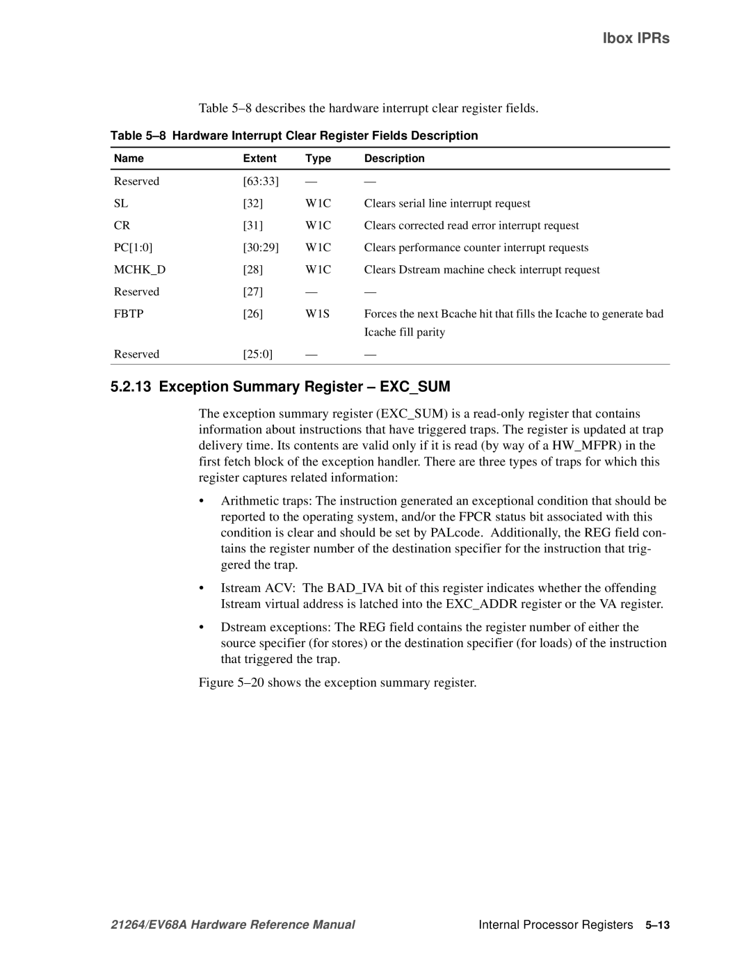 Compaq EV68A Exception Summary Register Excsum, 8describes the hardware interrupt clear register fields, Mchkd W1C 