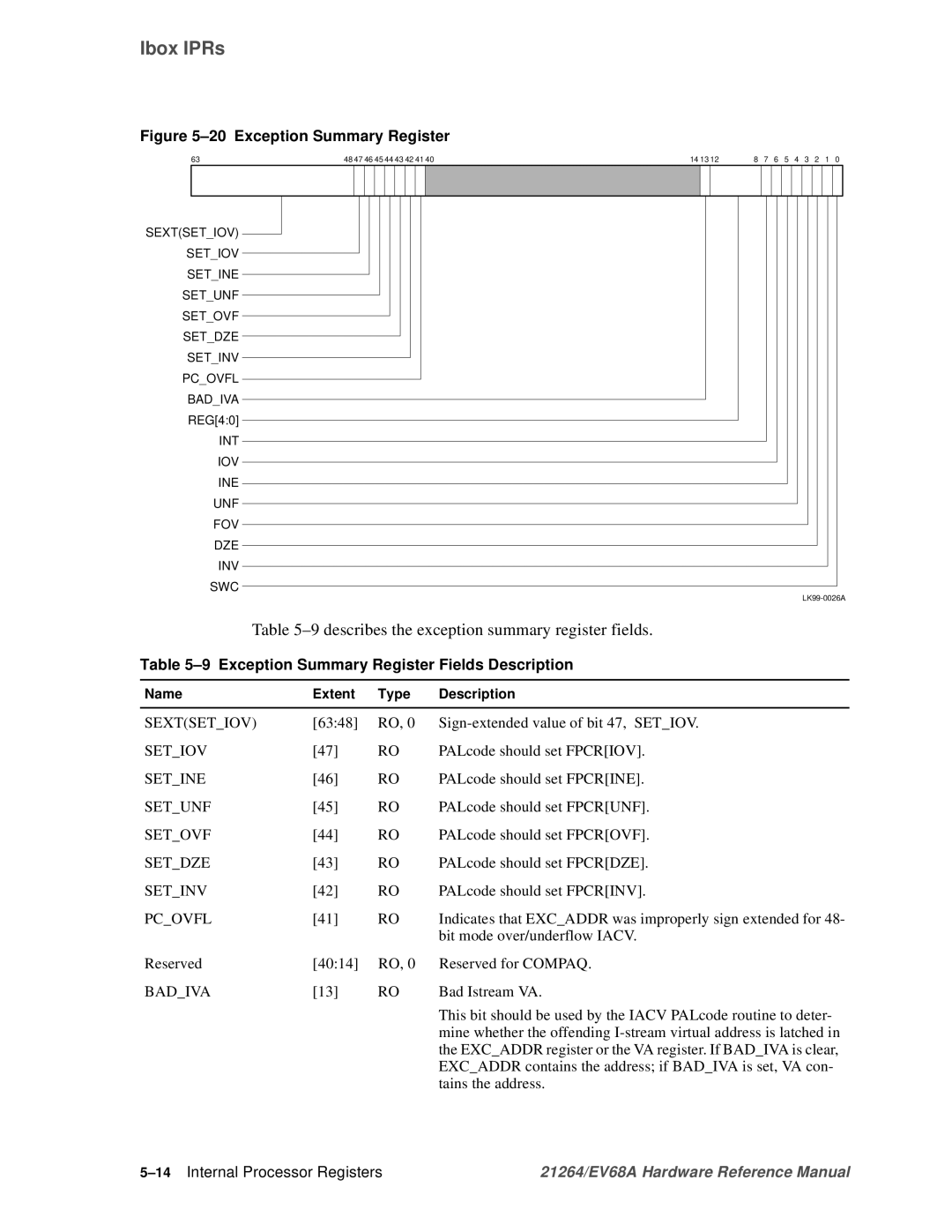 Compaq EV68A specifications 9describes the exception summary register fields, Exception Summary Register Fields Description 