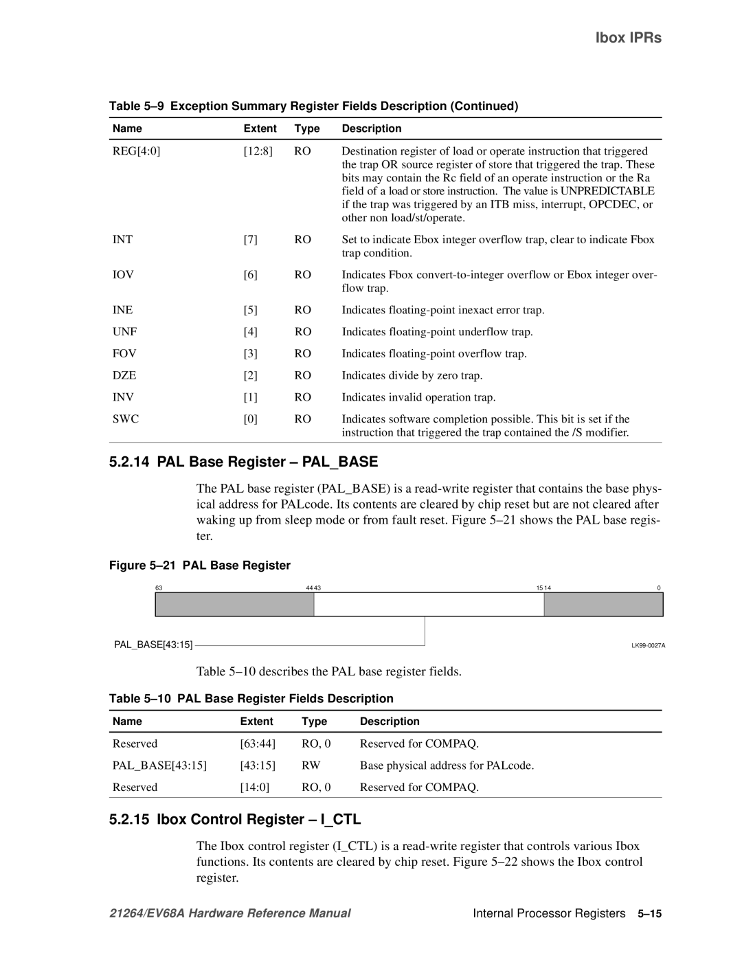 Compaq EV68A specifications PAL Base Register Palbase, Ibox Control Register Ictl, 10describes the PAL base register fields 