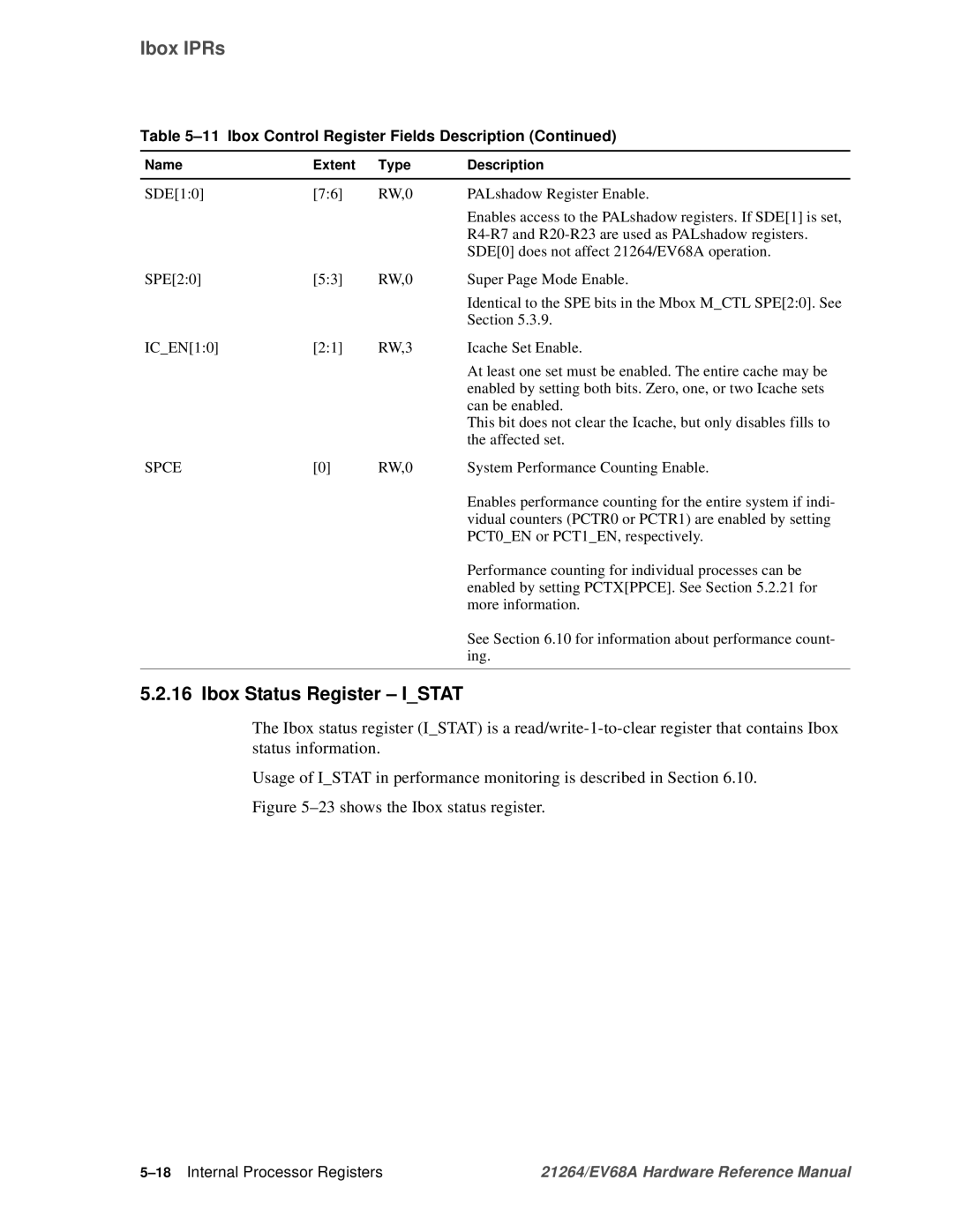 Compaq EV68A specifications Ibox Status Register Istat, Spce, 18Internal Processor Registers 