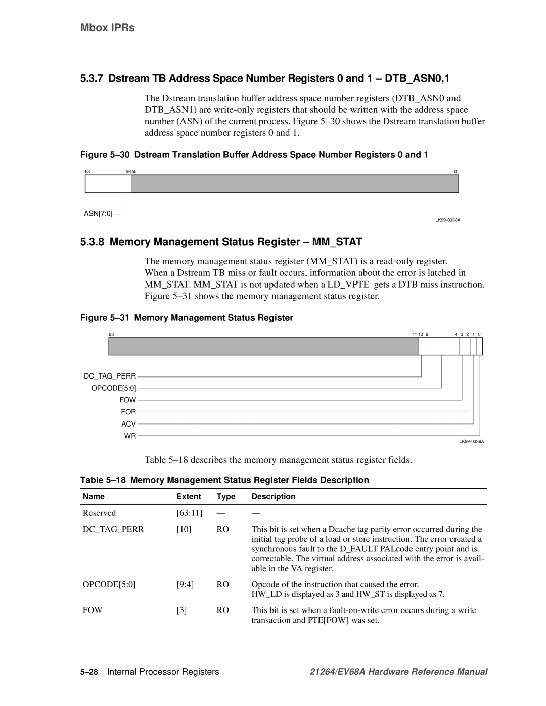 Compaq EV68A Dstream TB Address Space Number Registers 0 and 1 DTBASN0,1, Memory Management Status Register Mmstat 