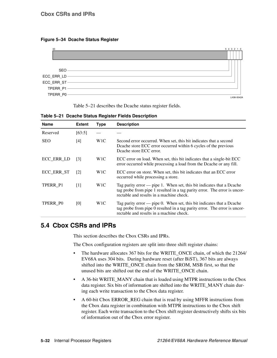 Compaq EV68A Cbox CSRs and IPRs, 21describes the Dcache status register fields, Dcache Status Register Fields Description 