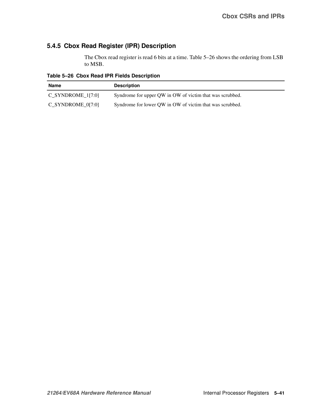 Compaq EV68A specifications Cbox Read Register IPR Description, Cbox Read IPR Fields Description 